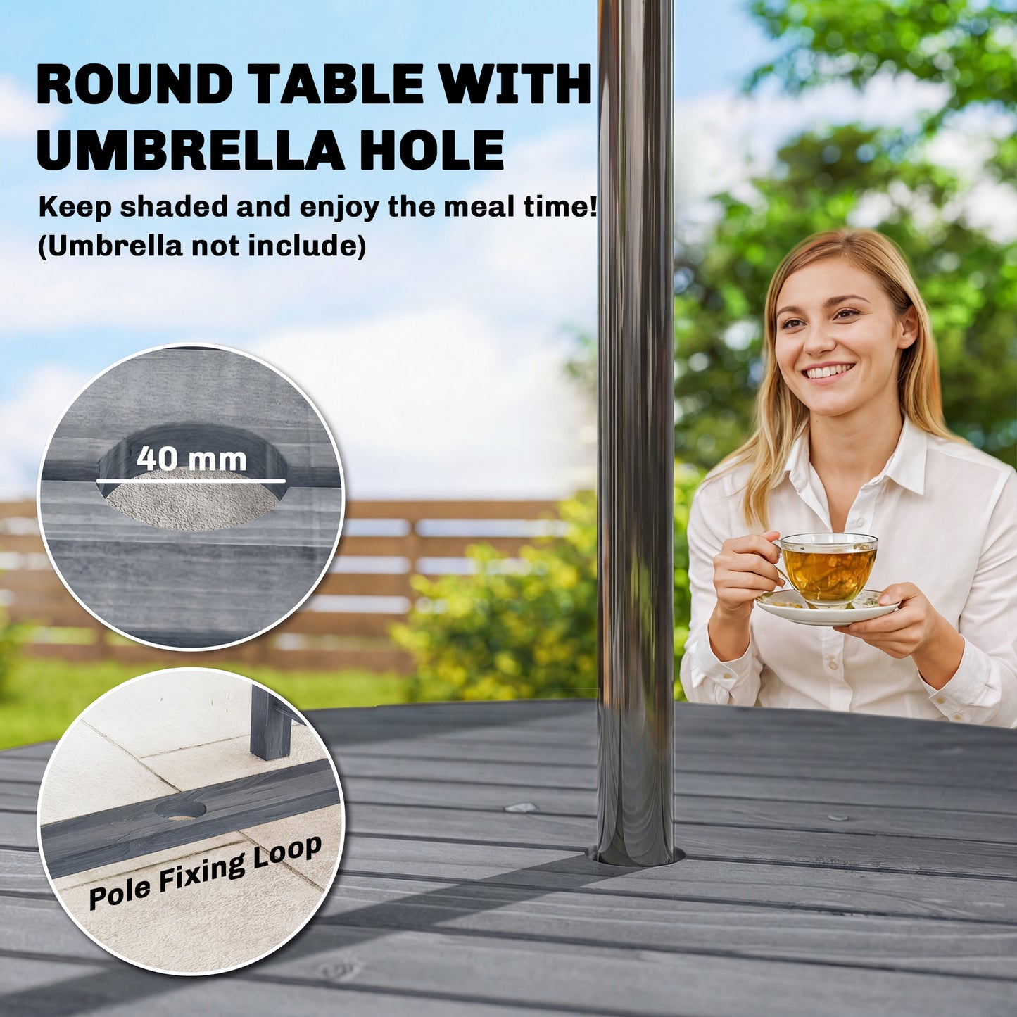 Outsunny 5 Piece Garden Dining Set With Parasol Hole, Round Table And Chairs, 4 Seater Wooden Outdoor Furniture, Grey