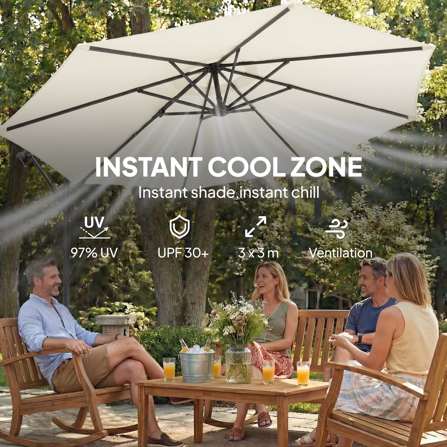 Outsunny 3m Cantilever Parasol With Cross Base And Sandbag 360 Degree Rotating Overhanging Arm Cream White