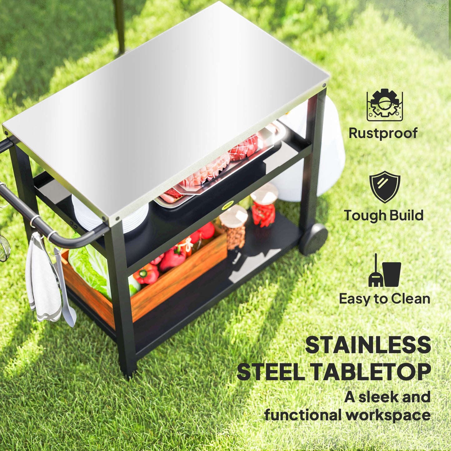 Outsunny Outdoor Grill Cart Three Shelf Movable Table With Stainless Steel Top Portable BBQ Trolley Charcoal Grey