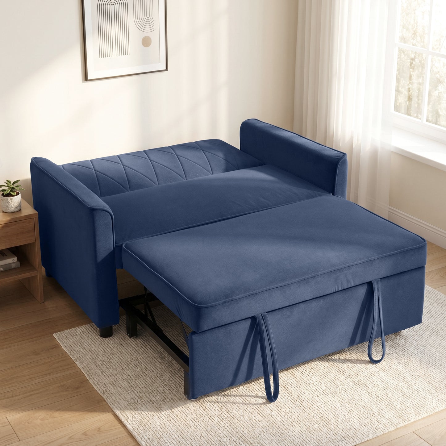 HOMCOM 2 Seater Sofa Bed 3 In 1 Convertible Pull Out Sleeper Sofa With Clik Clack Adjustable Backrest Dark Blue Velvet