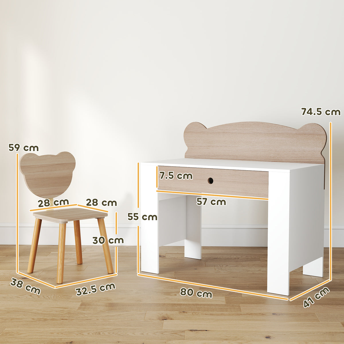 AIYAPLAY Kids Desk and Chair Set with Drawer Bear Theme for Drawing and Reading