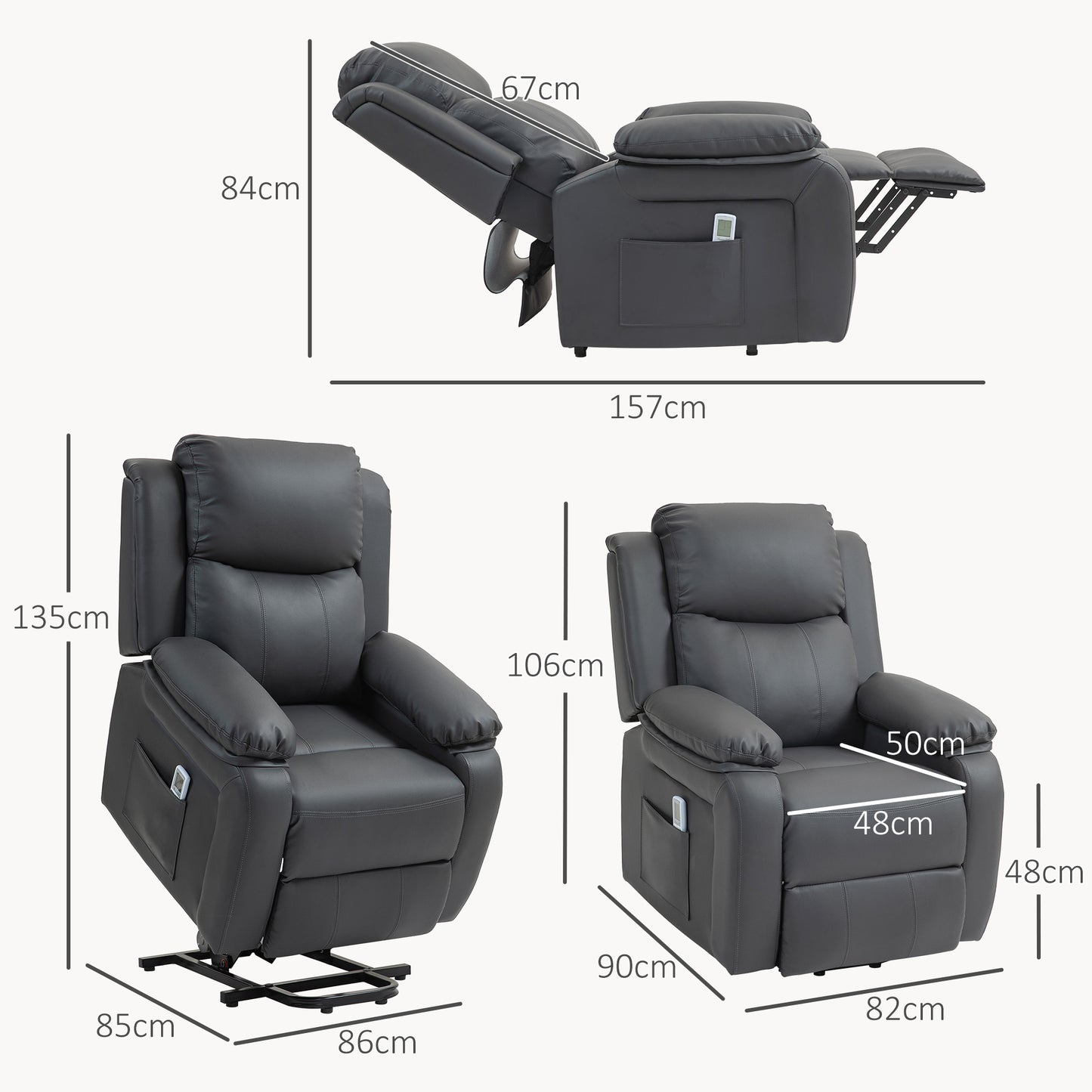 HOMCOM Riser And Recliner Chair With Vibration Massage Remote Control Power Lift For Elderly In PU Leather Dark Grey