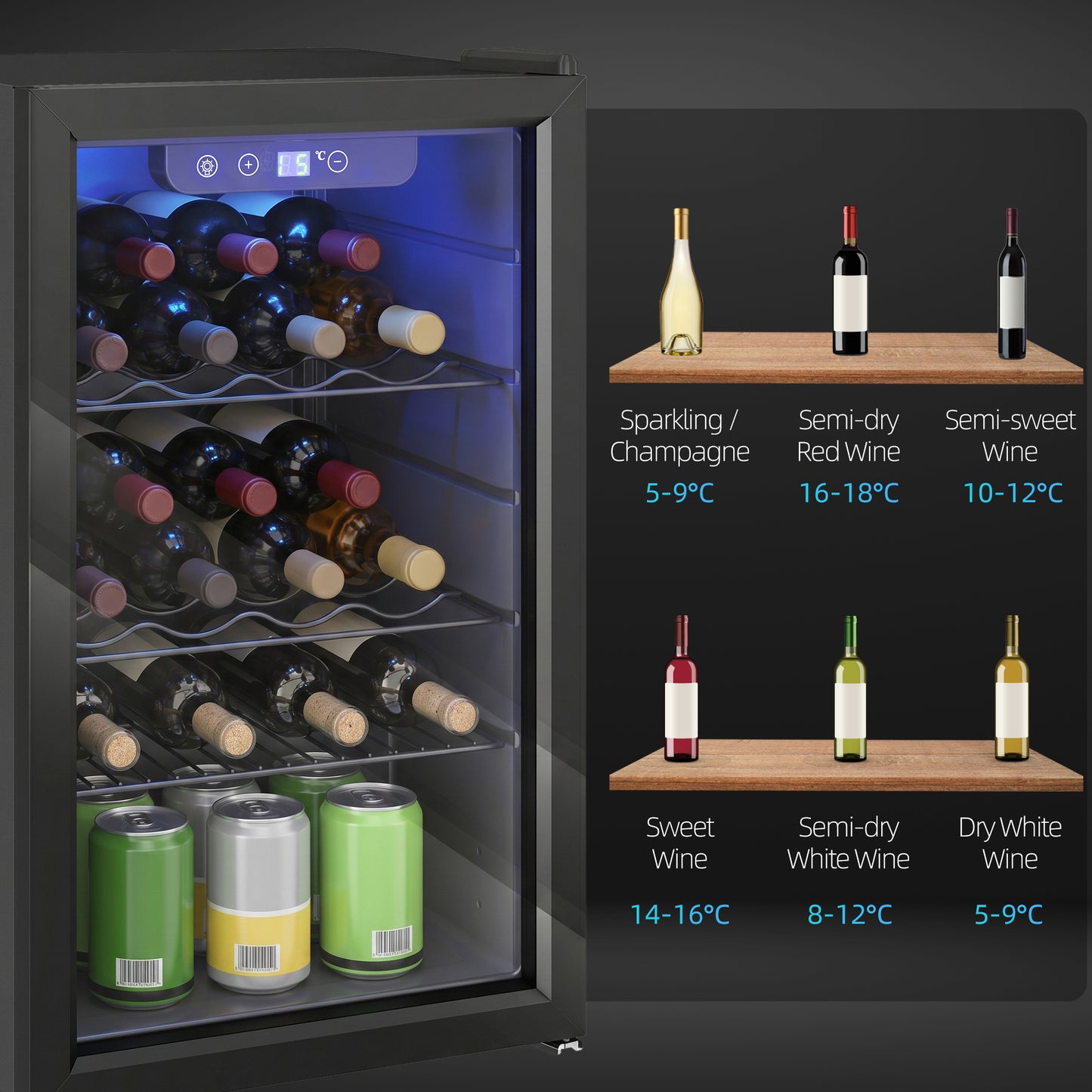HOMCOM 24 Bottle Wine Cooler With Glass Door 68 Litre Capacity Freestanding Beverage Fridge 4 To 16 C Black