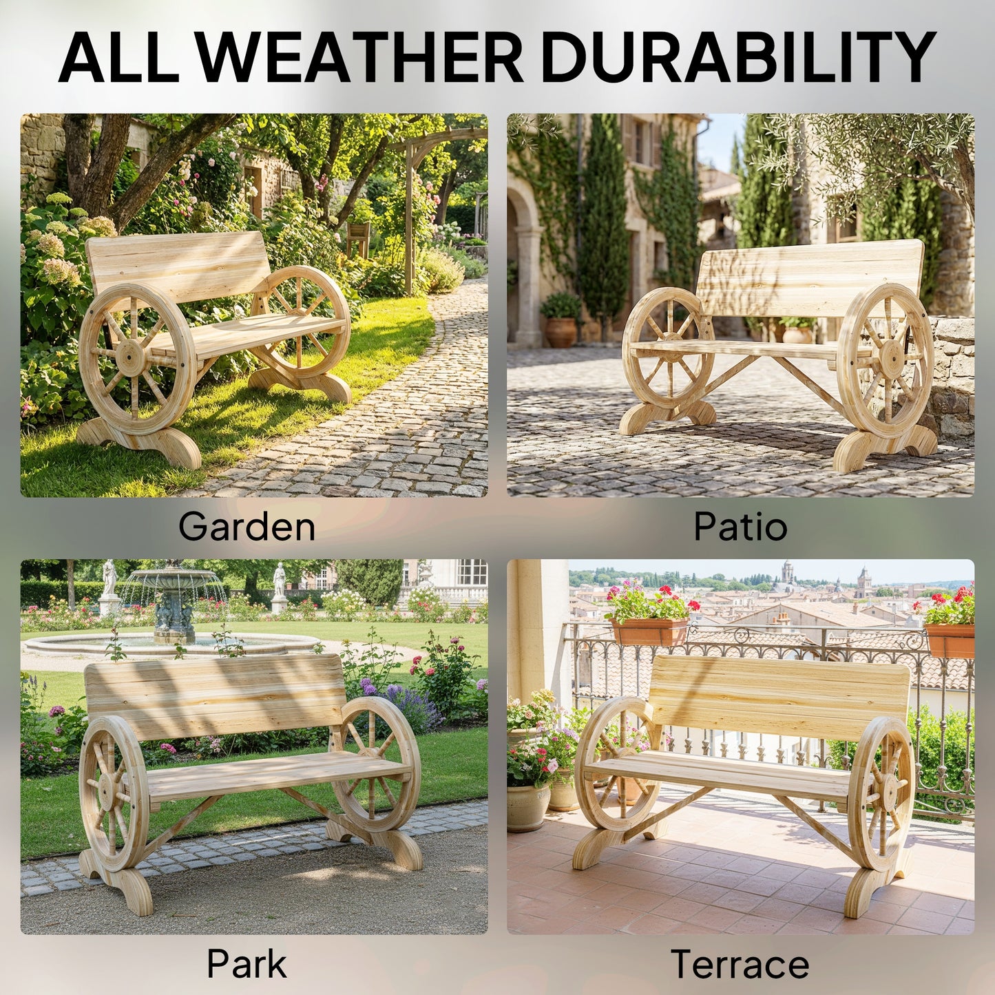 Outsunny Fir Wood Two Seater Wagon Wheel Bench For Outdoor Garden Patio Natural Finish Supports Up To 250 Kg