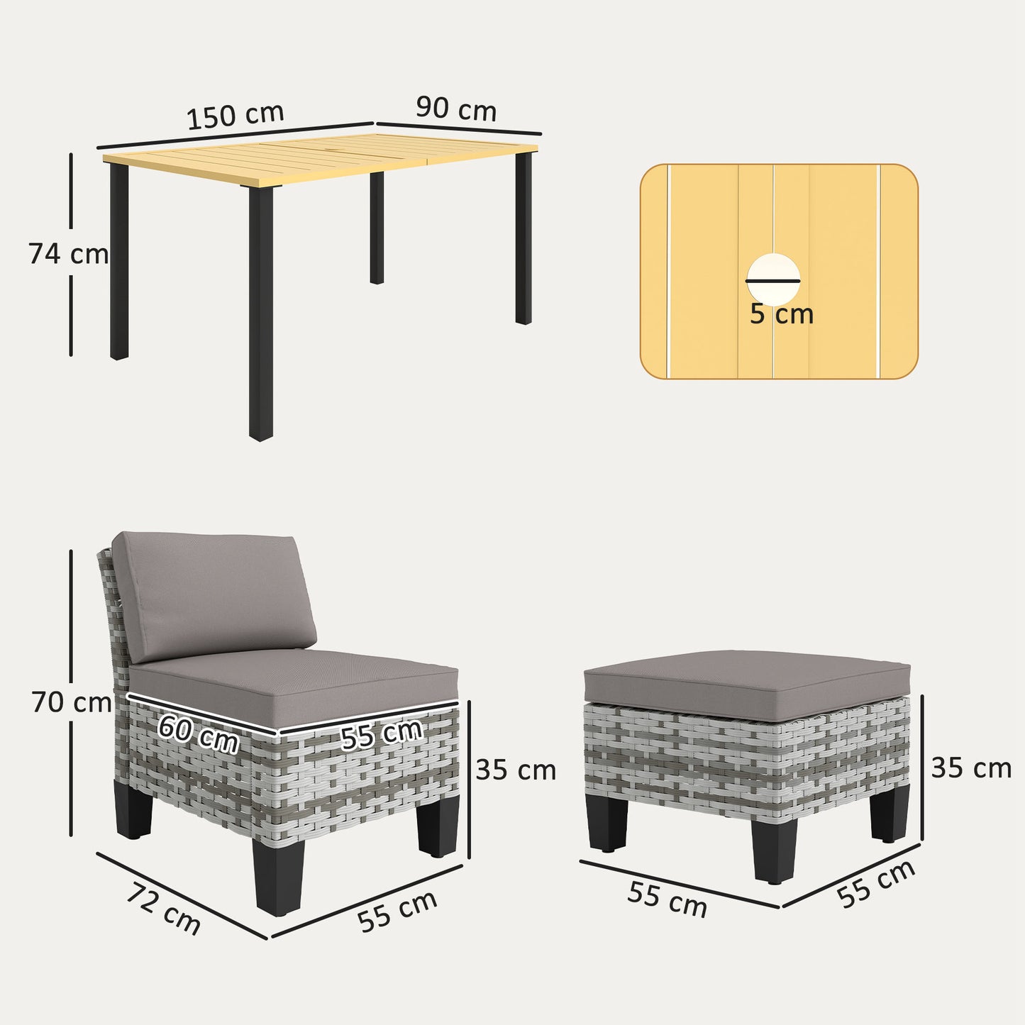 Outsunny Seven Piece Rattan Dining Set Grey Outdoor Patio Table With Parasol Hole