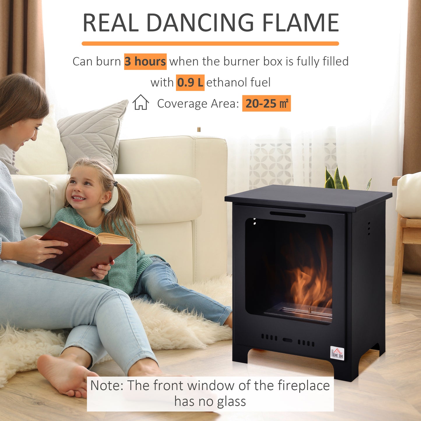 HOMCOM Black Freestanding Bioethanol Fireplace with 1.5L Tank and 3-Hour Burn Time for Indoor Use - ALL4U RETAILER LTD