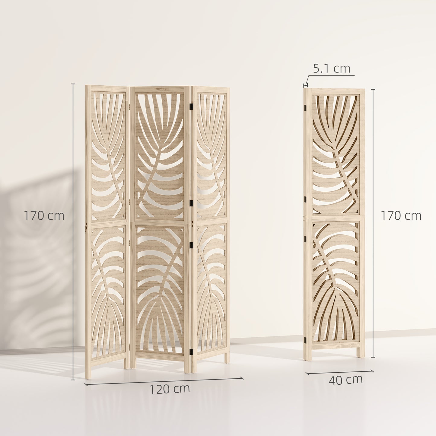 HOMCOM 3 Panel Room Divider With Palm Leaf Design Detachable Folding Privacy Screen Wood Finish For Home Office