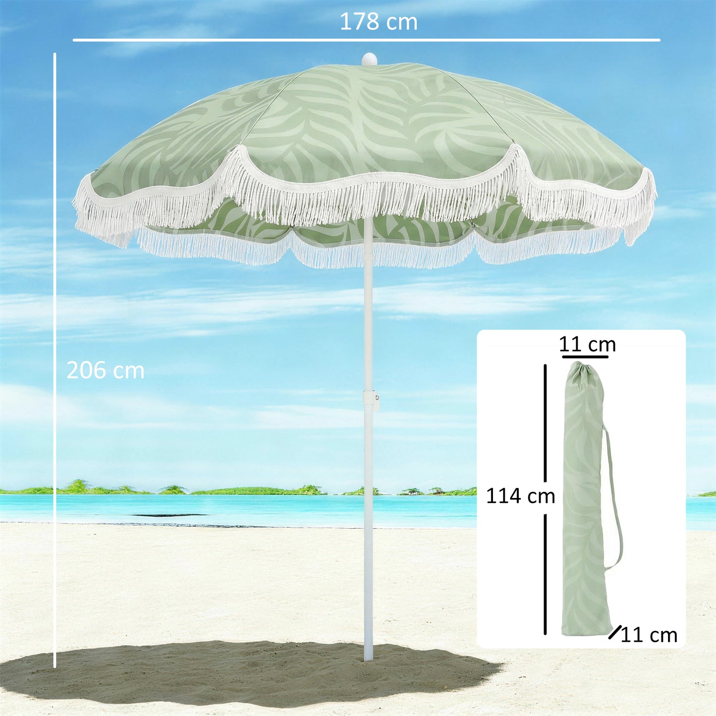 Outsunny 1.8m Beach Umbrella Parasol With Sand Anchor Portable Tilting Garden Adjustable Height Green