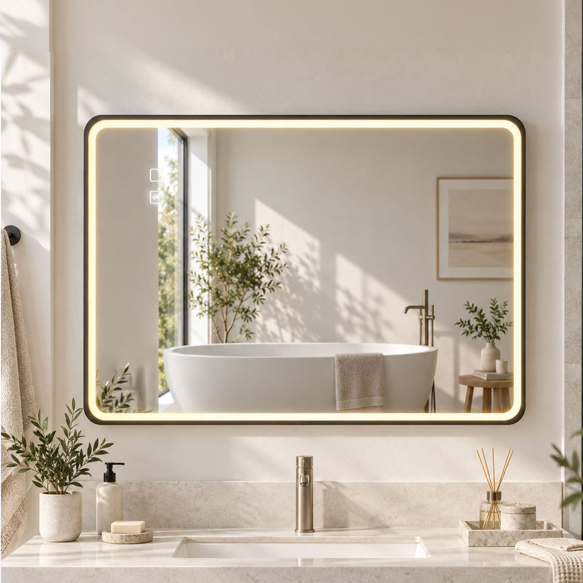 Rectangular LED bathroom mirror with warm backlit border above sink