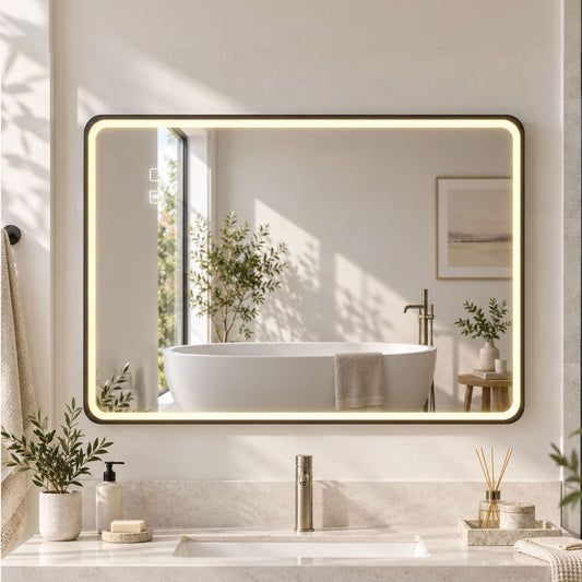 Rectangular LED bathroom mirror with warm backlit border above sink