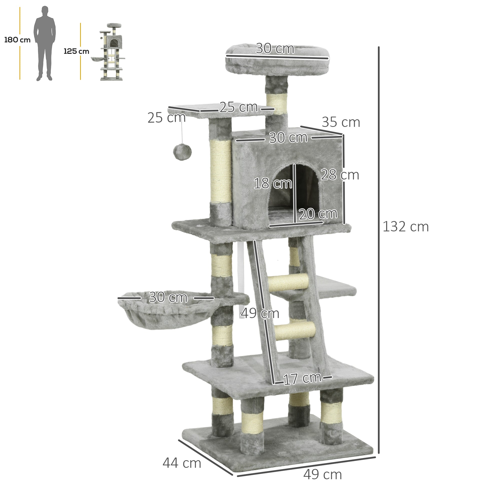 PawHut 132cm Grey Multi-Tier Cat Tree with Scratching Post, Hammock, and Playhouse - ALL4U RETAILER LTD