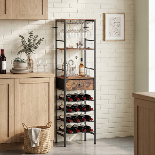 HOMCOM Industrial Wine Bar Cabinet Freestanding Liquor Cabinet Featuring 16 Bottle Wine Rack Glass Holder Rustic Brown