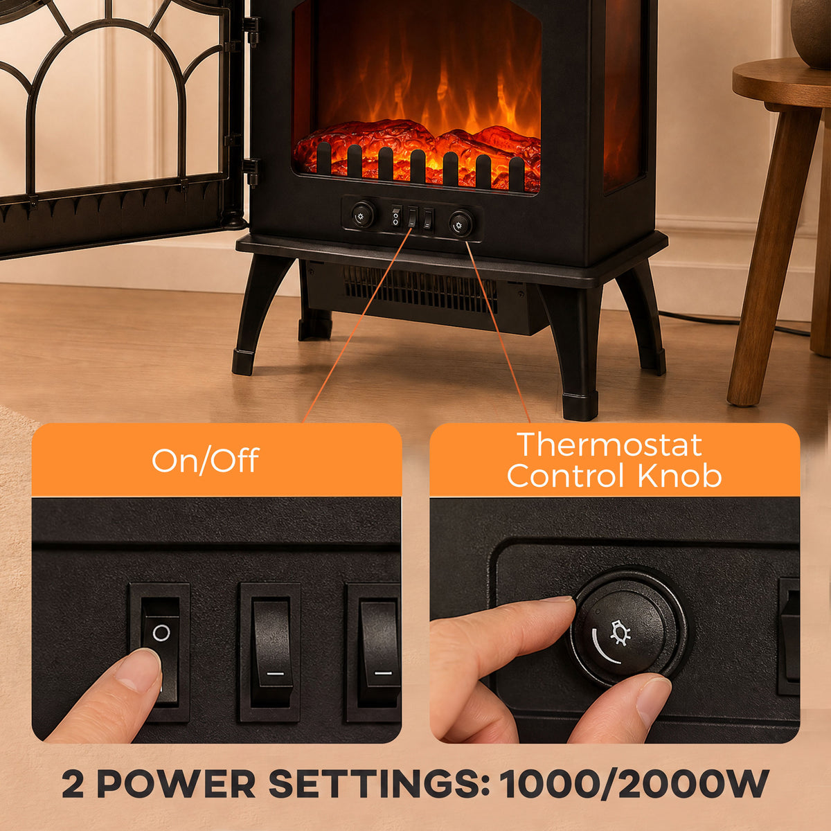 Black electric fireplace stove control panel with power switch and thermostat knob