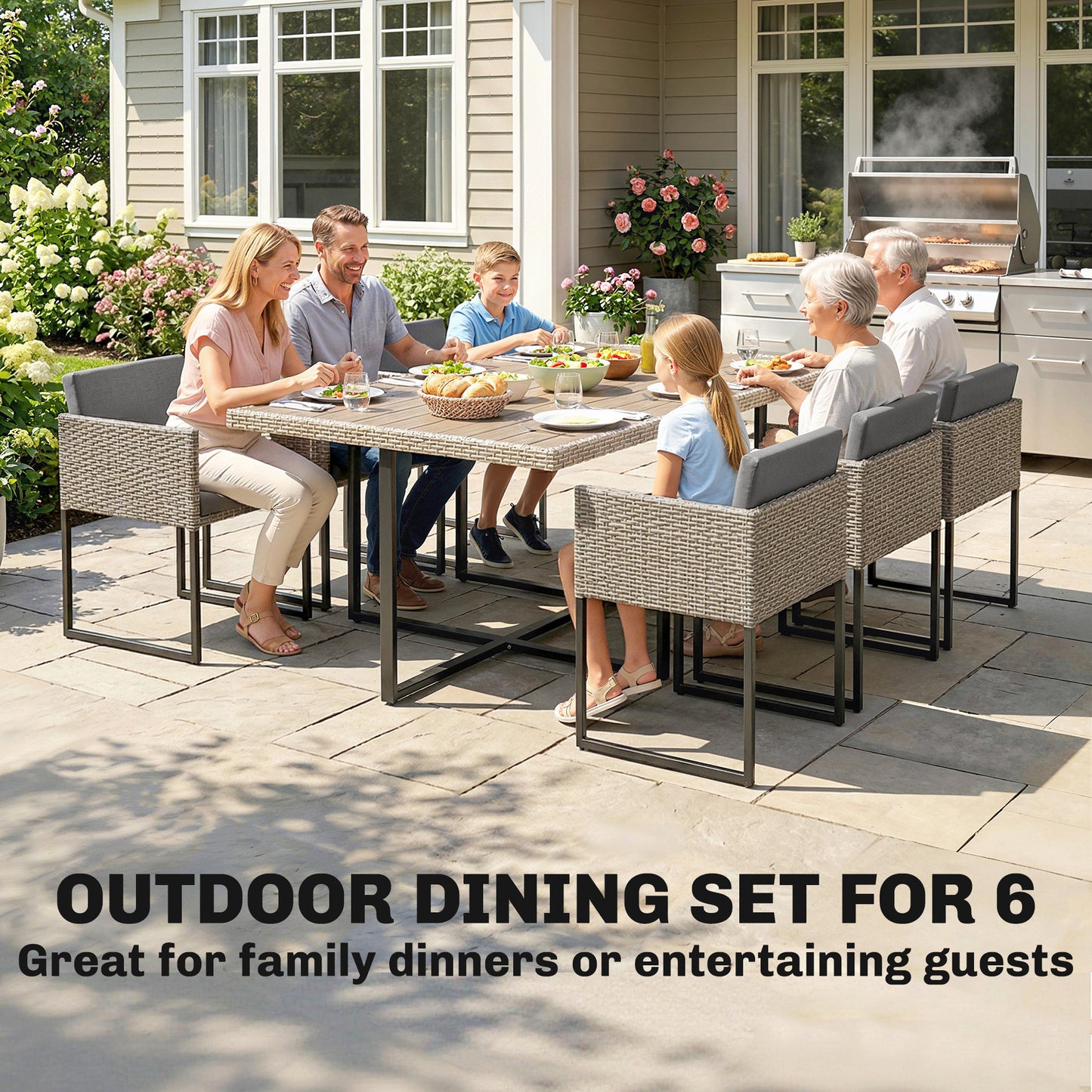 Outsunny 7 Piece Rattan Garden Furniture Set With Wood Plastic Table And 6 Stackable Chairs Light Grey
