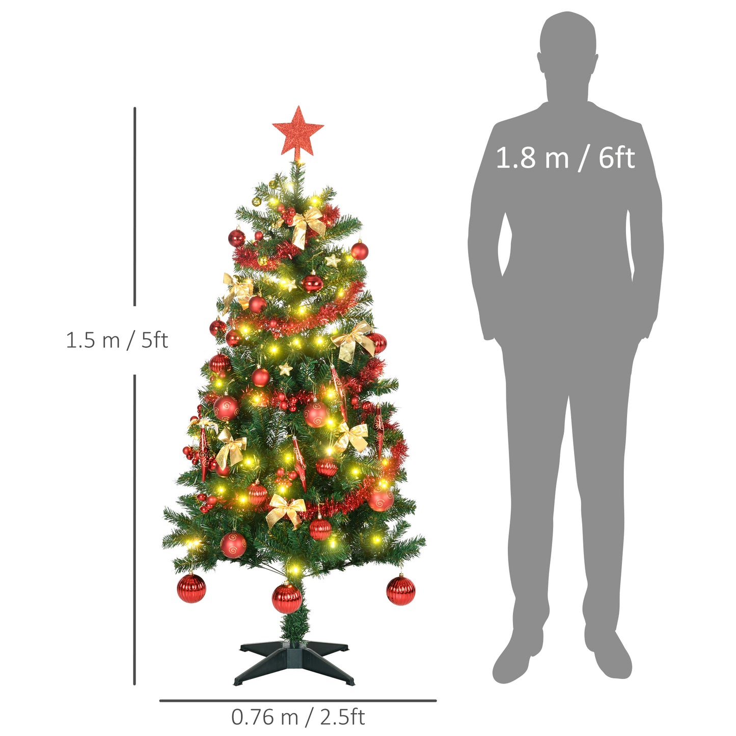 HOMCOM 5ft Prelit Artificial Christmas Tree with Warm White LED Lights, Tinsel, and Ornaments | Festive Holiday Decor - ALL4U RETAILER LTD