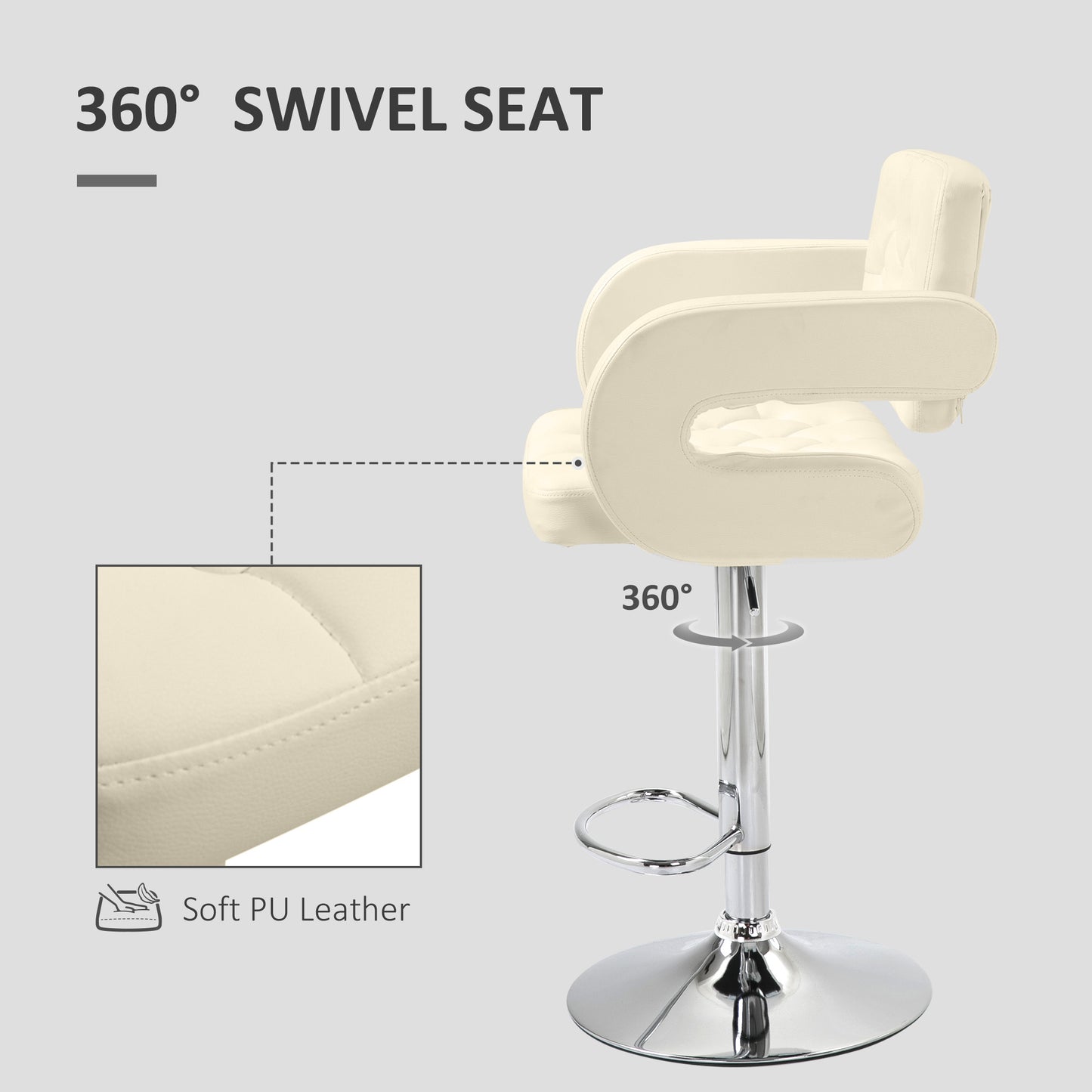 Upholstered Swivel Bar Stool Set of 2 Height Adjustable Back Armrest Footrest Chrome Base PU Upholstery White