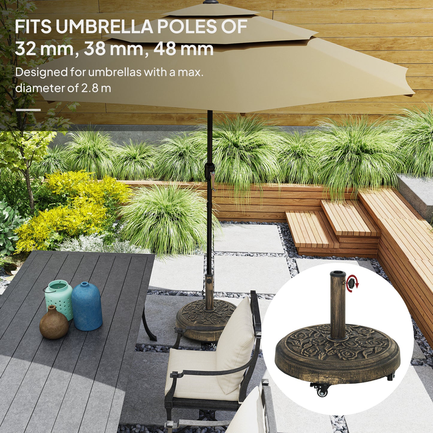 Outsunny Parasol Base With Wheels Cast Iron Effect Umbrella Stand Weather Resistant Bronze Tone