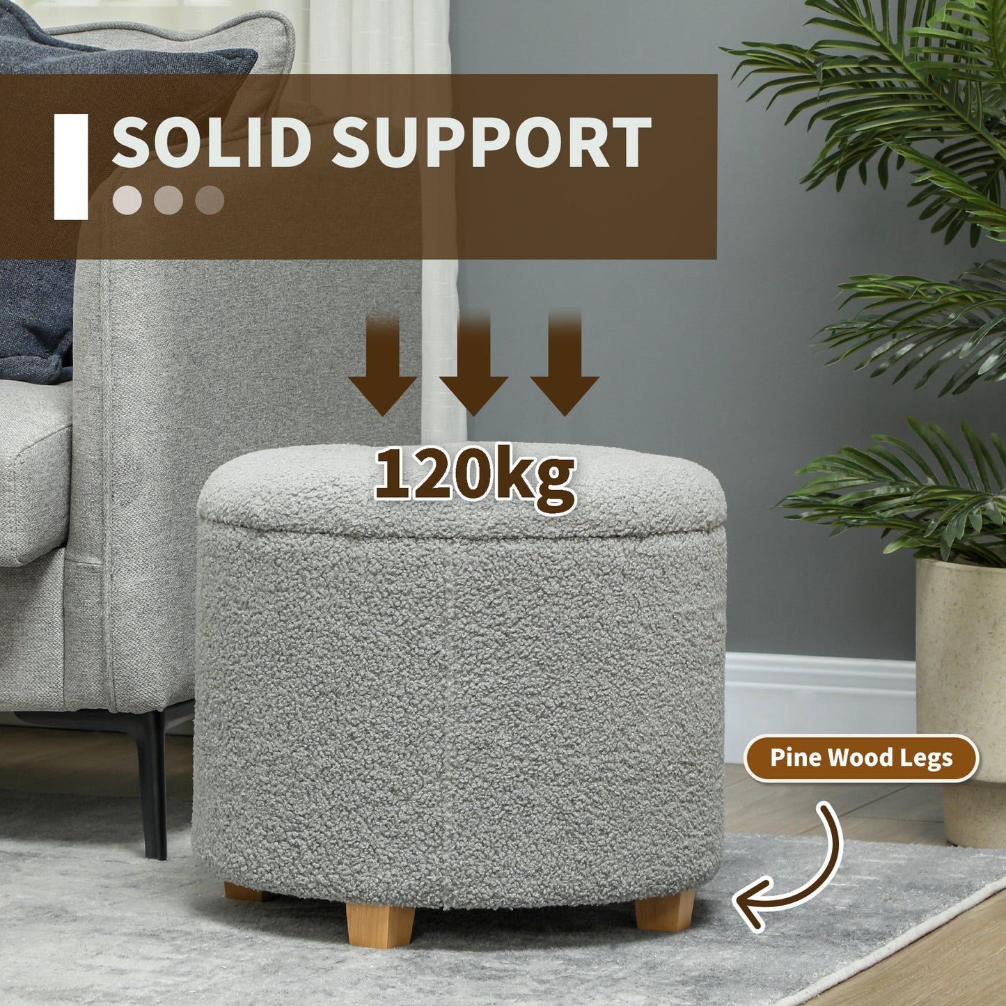 HOMCOM 40.5L Teddy Fleece Storage Ottoman Grey with Button Tufted Lid for Cozy Seat and Storage