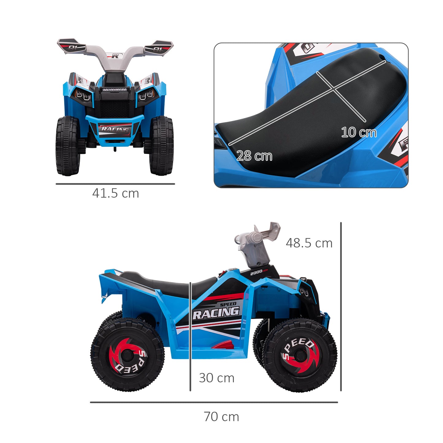 HOMCOM 6V Quad Bike Wear-Resistant Wheels Forward Backward Function Ages 18-36 Months Blue - ALL4U RETAILER LTD