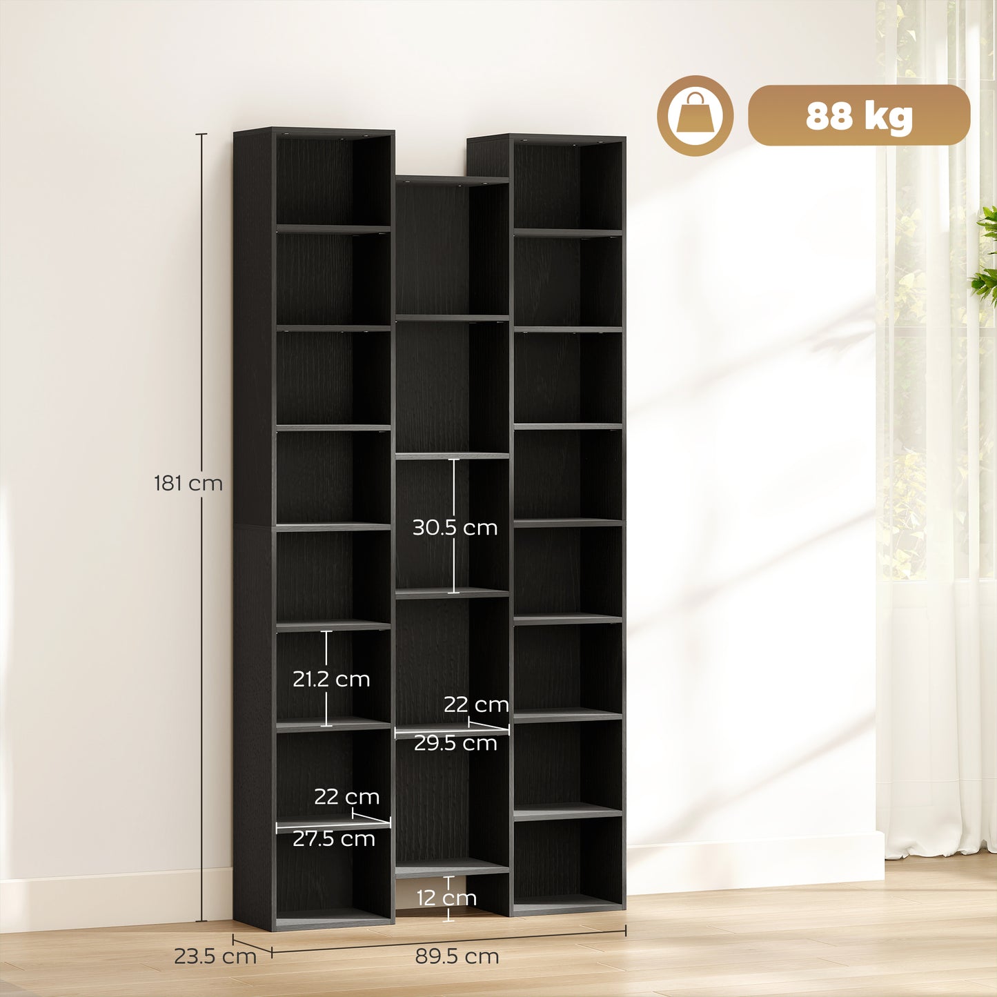 HOMCOM 21 Compartment Tall Bookshelf with Adjustable Shelves Black Finish for Living Rooms