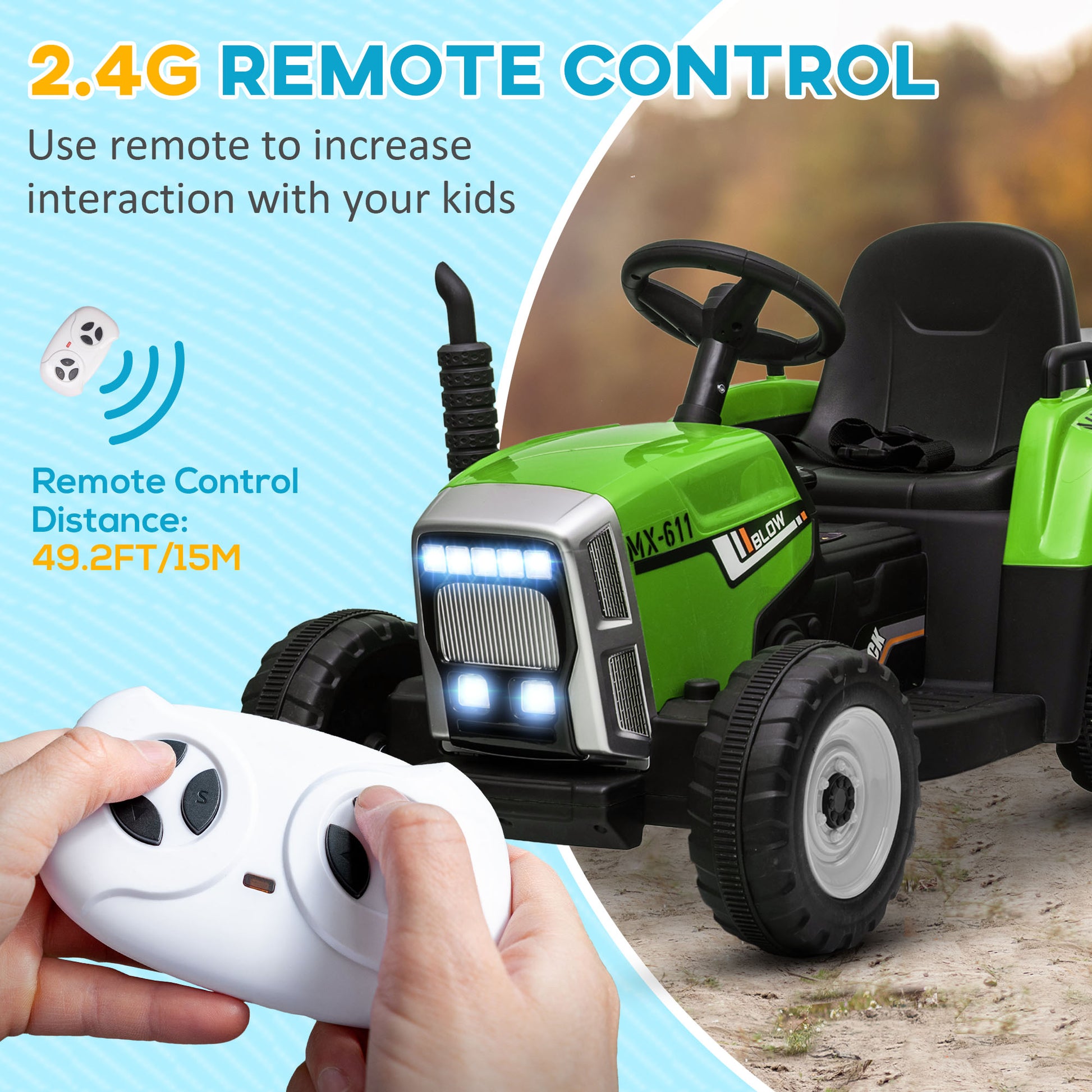 HOMCOM Electric Ride on Tractor with Detachable Trailer 12V Kids Battery Powered Electric Car with Remote Control Music for Kids Aged 3-6 Green - ALL4U RETAILER LTD