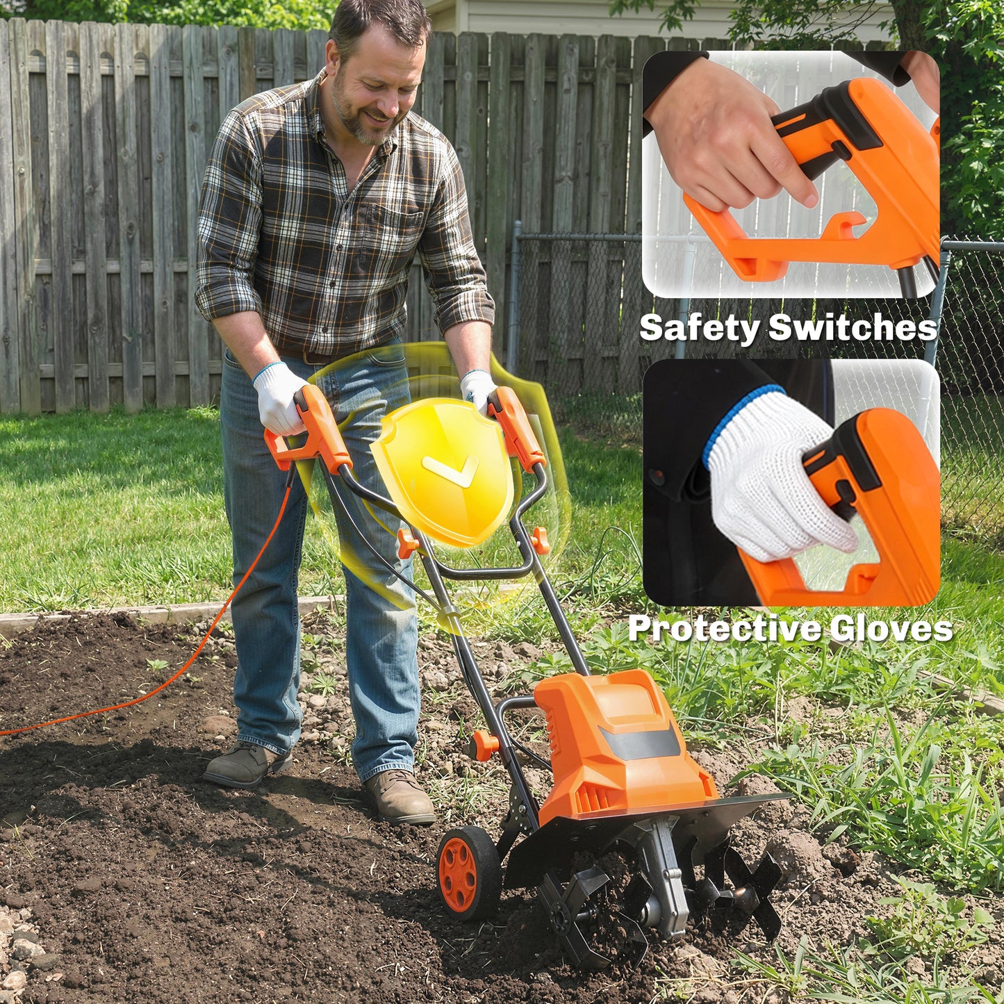 Outsunny 1500W Electric Garden Tiller With Foldable Handle 40cm Width 20cm Tilling Depth 6 Blades 2 Adjustable Wheels