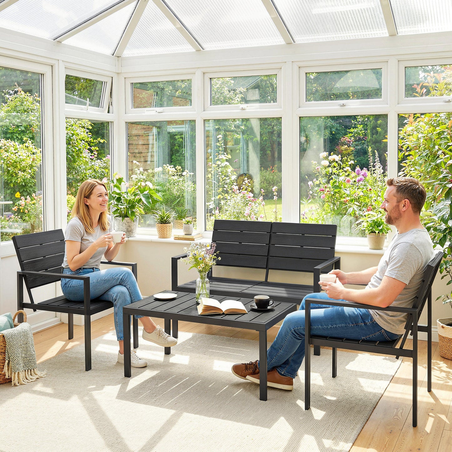 Outsunny 4 Piece Outdoor Garden Furniture Set With HDPE Slats Loveseat Two Armchairs Coffee Table Metal Frame Black