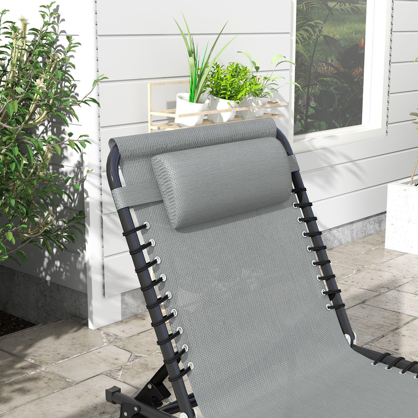 Outsunny Folding Sun Lounger Beach Chaise Chair Garden Cot Camping Recliner with 4 Position Adjustable Light Grey - ALL4U RETAILER LTD