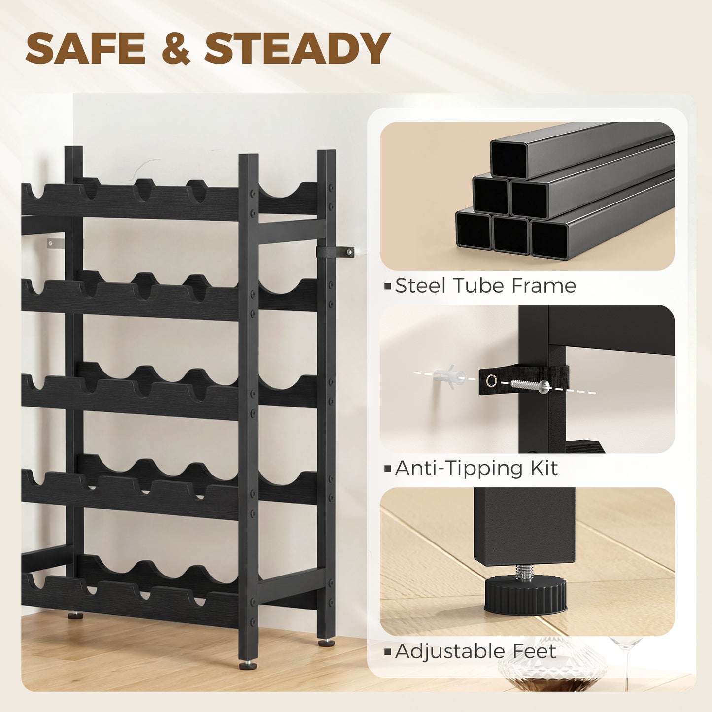 HOMCOM Freestanding 5 Tier Wine Rack Holds 20 Bottles Industrial Steel Bar Cabinet With Adjustable Feet Black