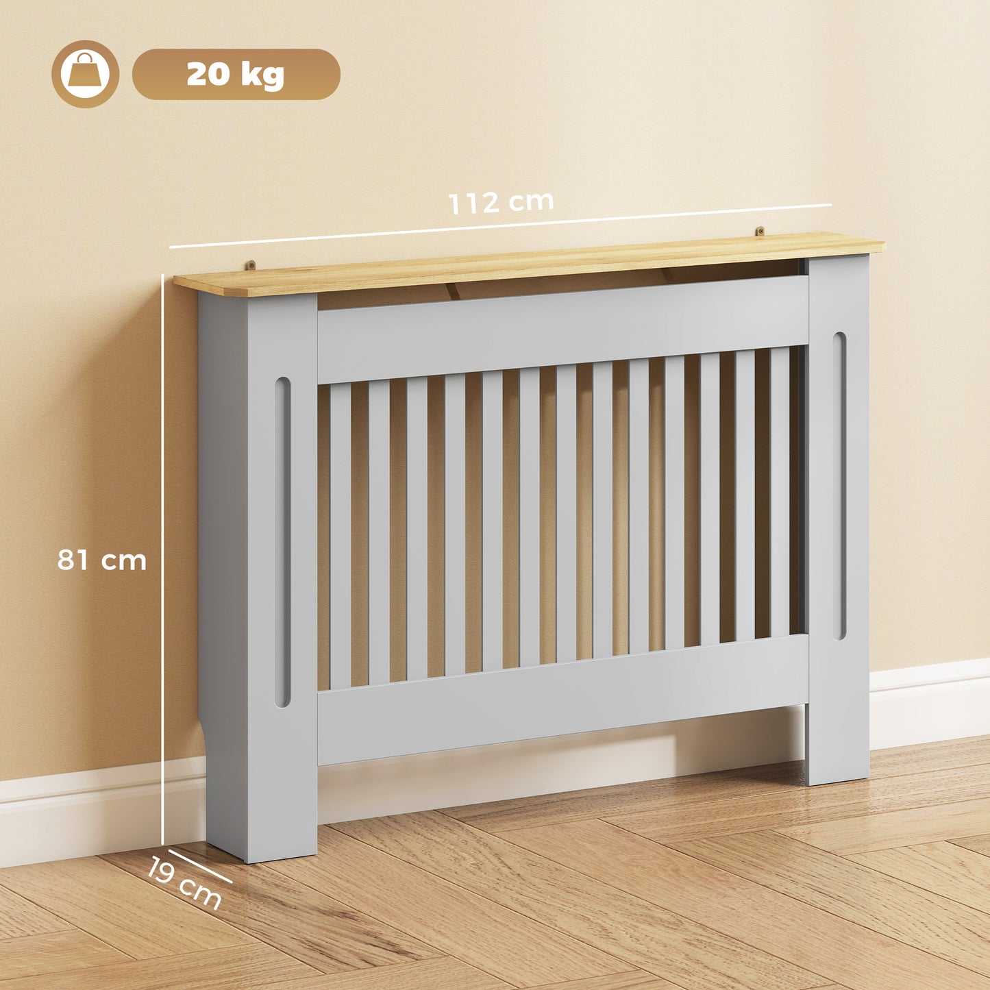 HOMCOM Slatted Radiator Cover Cabinet With Line Grill Design Grey 112 L 19 W 81 H Cm