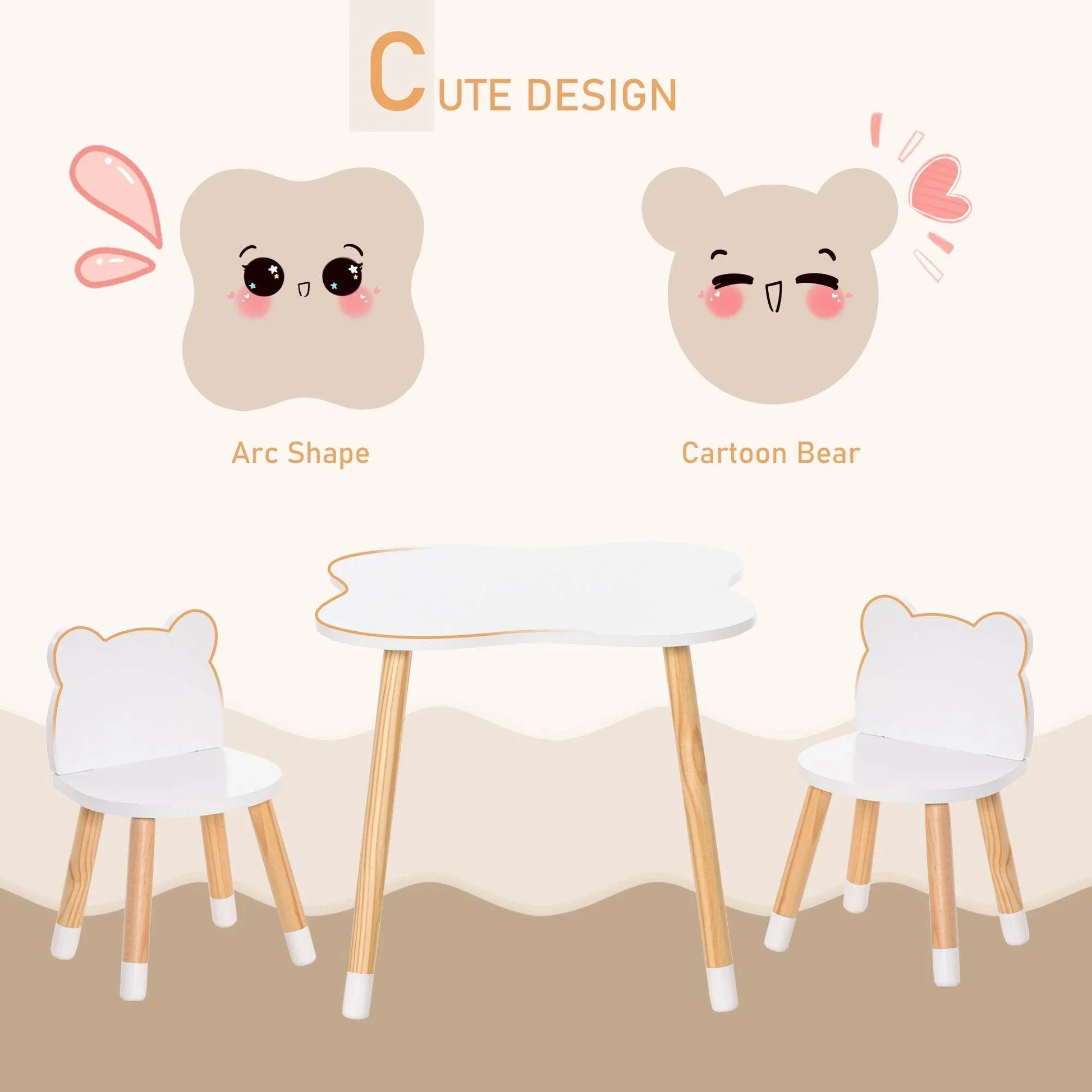 HOMCOM White 3-Piece Kids Table and Bear Chair Set for Toddlers - ALL4U RETAILER LTD