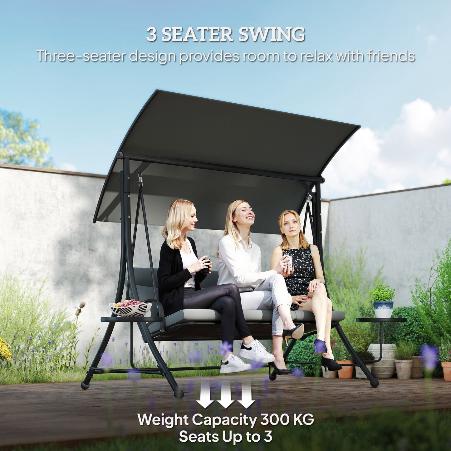 Outsunny Three Seater Garden Swing with Adjustable Canopy Black Grey Cushioned Seat and Back