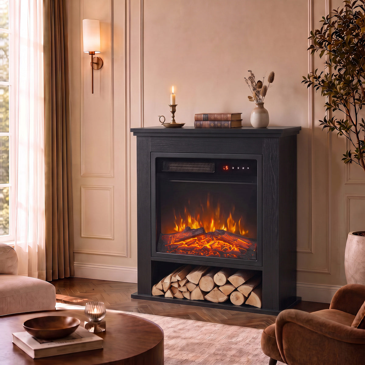 Black electric fireplace suite with LED flame and stacked firewood logs in open shelf