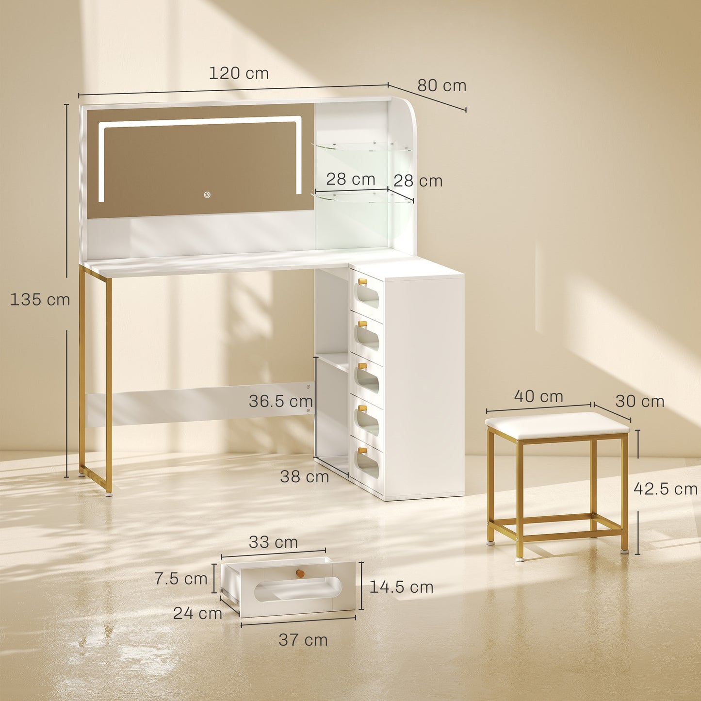 HOMCOM Dressing Table With LED Mirror And Stool L Shaped Vanity Desk With Drawers And Shelves In White