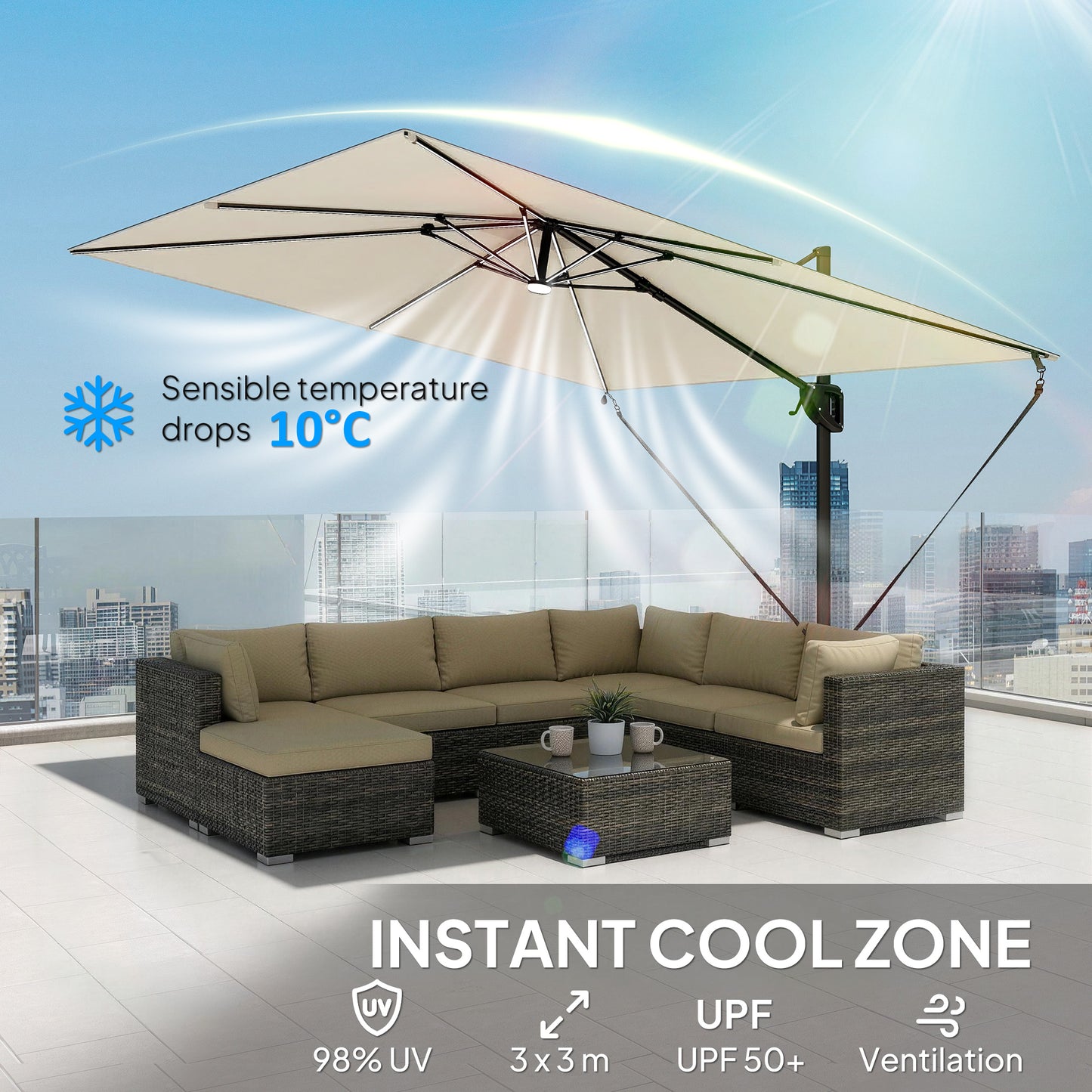 Outsunny 3 x 3 m Garden Cantilever Parasol With Light Cover UPF50 Plus Wind Protection 360 Rotation Cream White