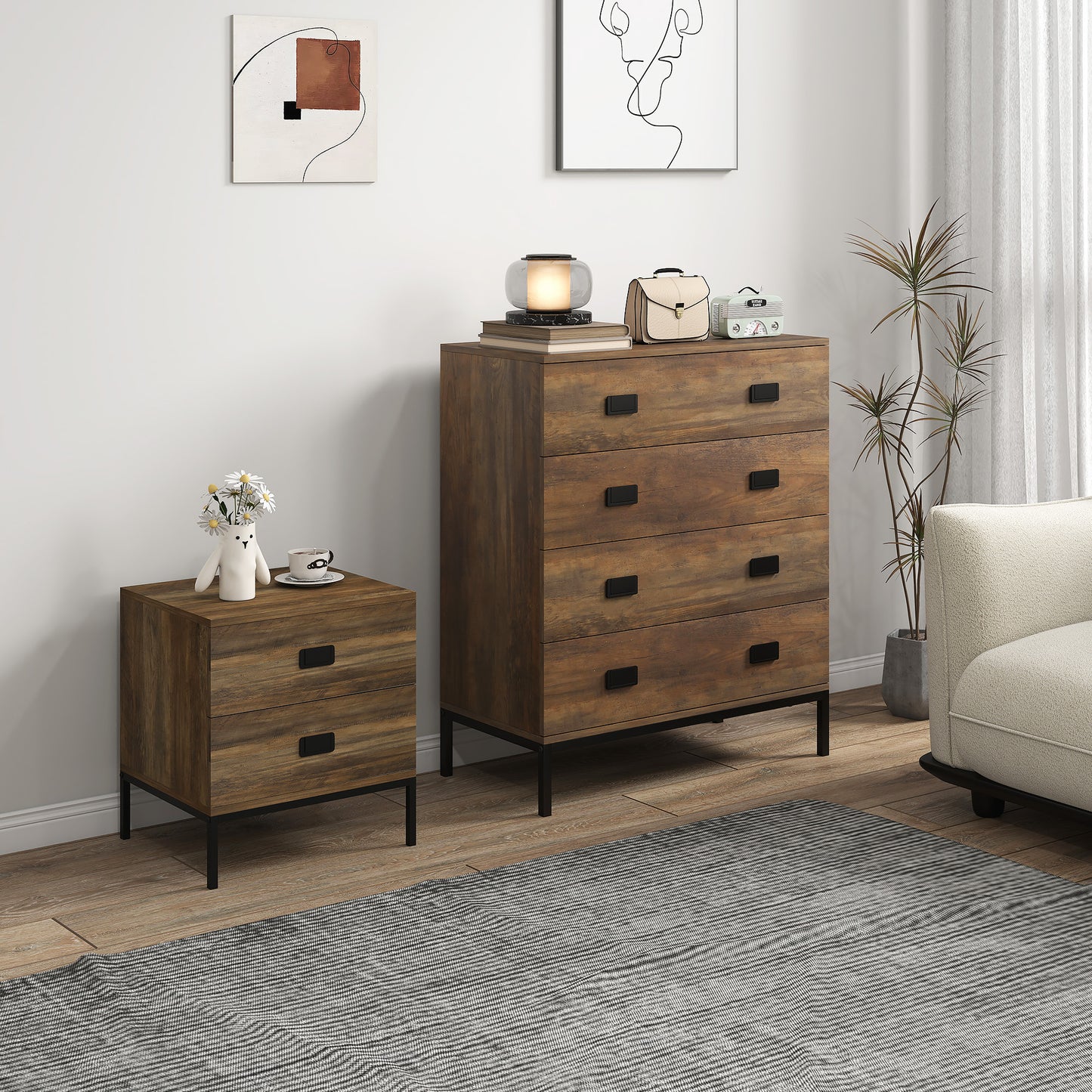 HOMCOM Rustic Wood Effect Chest Of Drawers And Nightstand Set With Four Drawers And Two Drawers Black Metal Frame