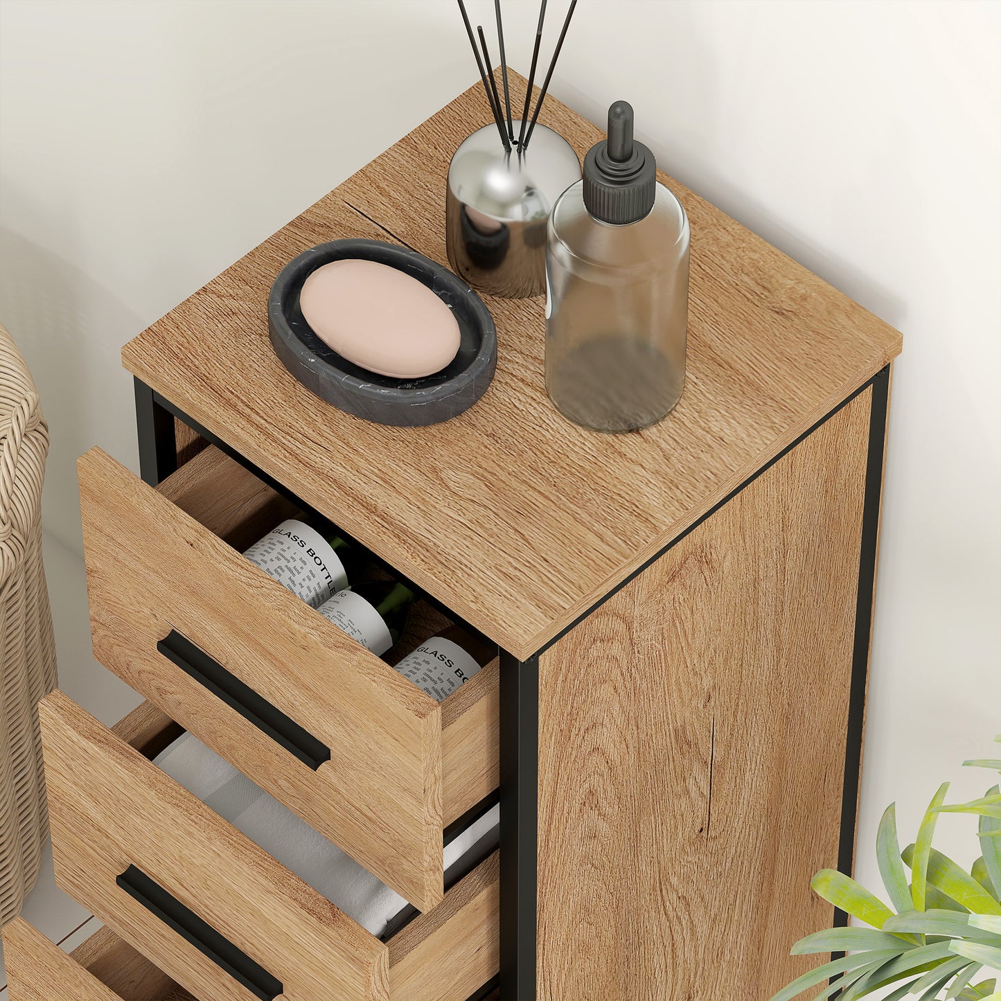HOMCOM Narrow Bathroom Storage Cabinet With Four Drawers In Oak Finish For Small Bathrooms