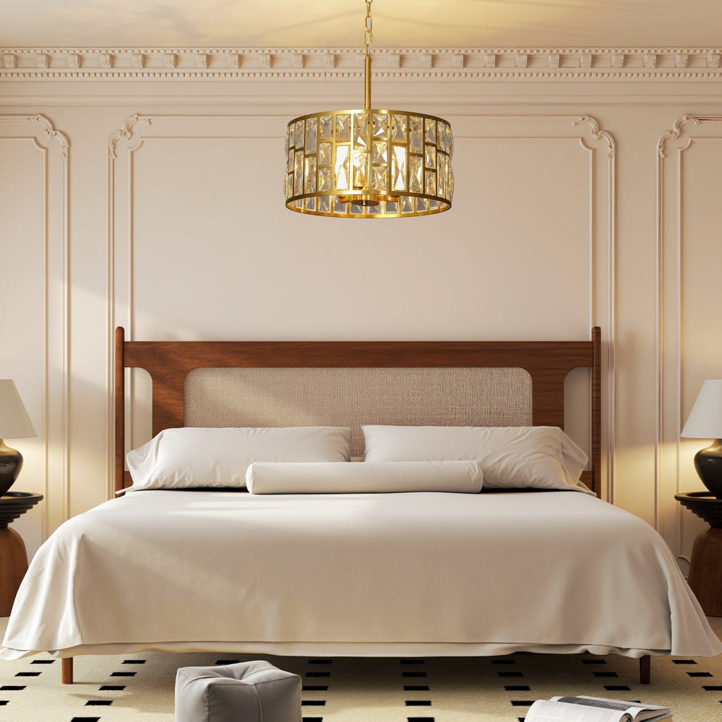 HOMCOM 72 Glass Crystallite Chandelier Gold Tone Ceiling Light With Flush Mount Or Hanging Installation Three Bulbs