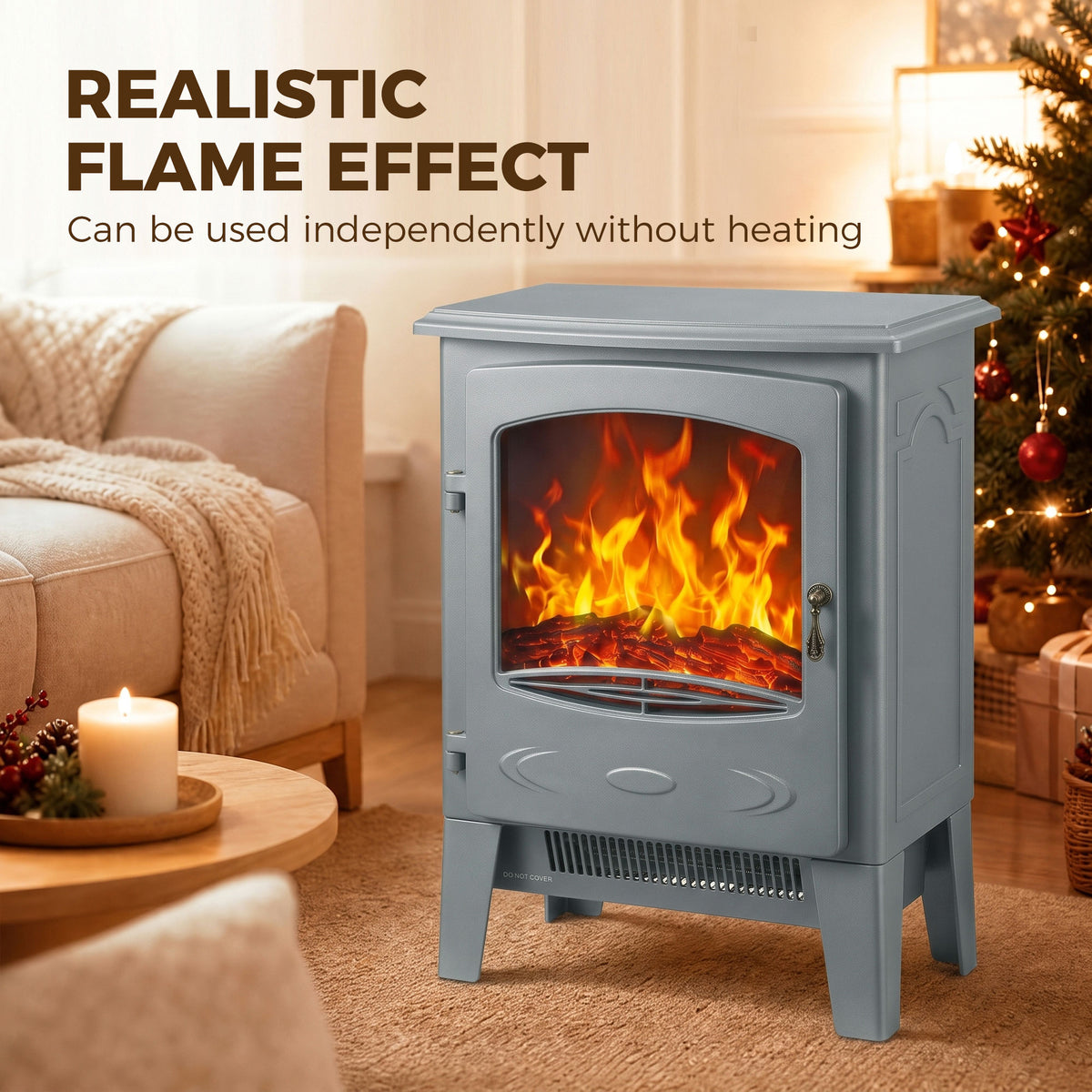 HOMCOM Freestanding Electric Fireplace Realistic Flame Dual Heat Settings Grey