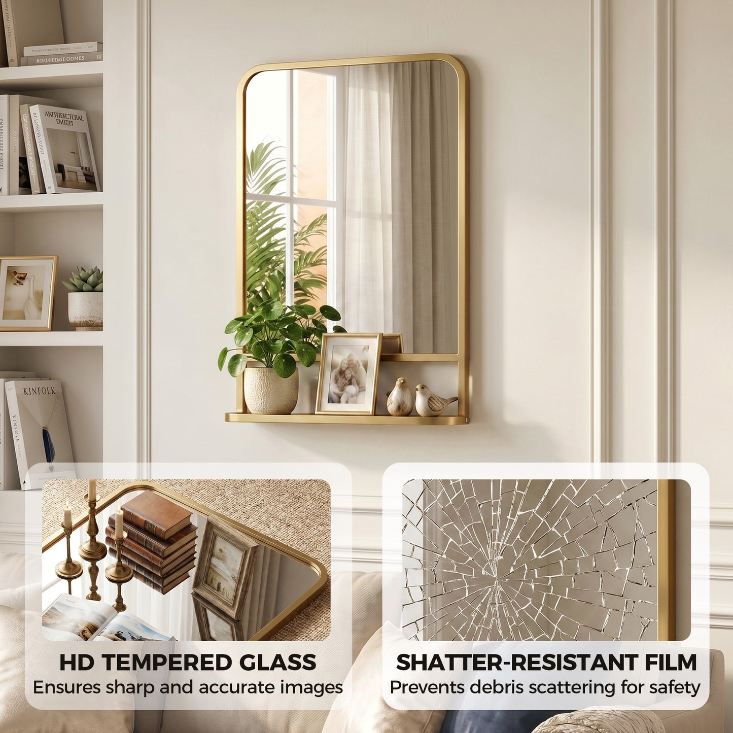 HOMCOM Modern Rectangular Wall Mirror With Storage Shelf Gold Tone Frame 70 X 50 Cm
