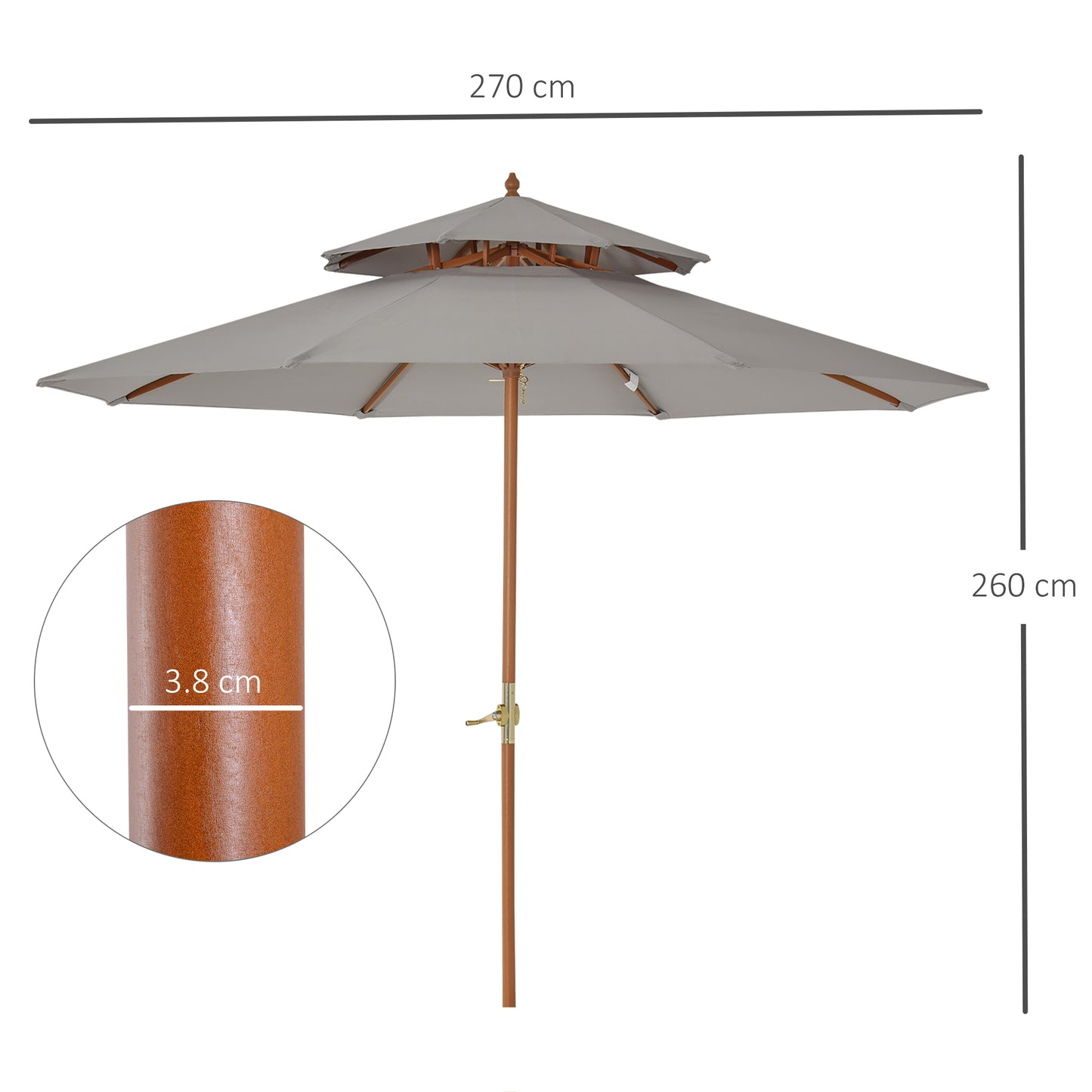 Outsunny 2.7m Elegant Wooden Frame Parasol Umbrella For Garden Table With Poplar Wood And Bamboo Ribs Grey