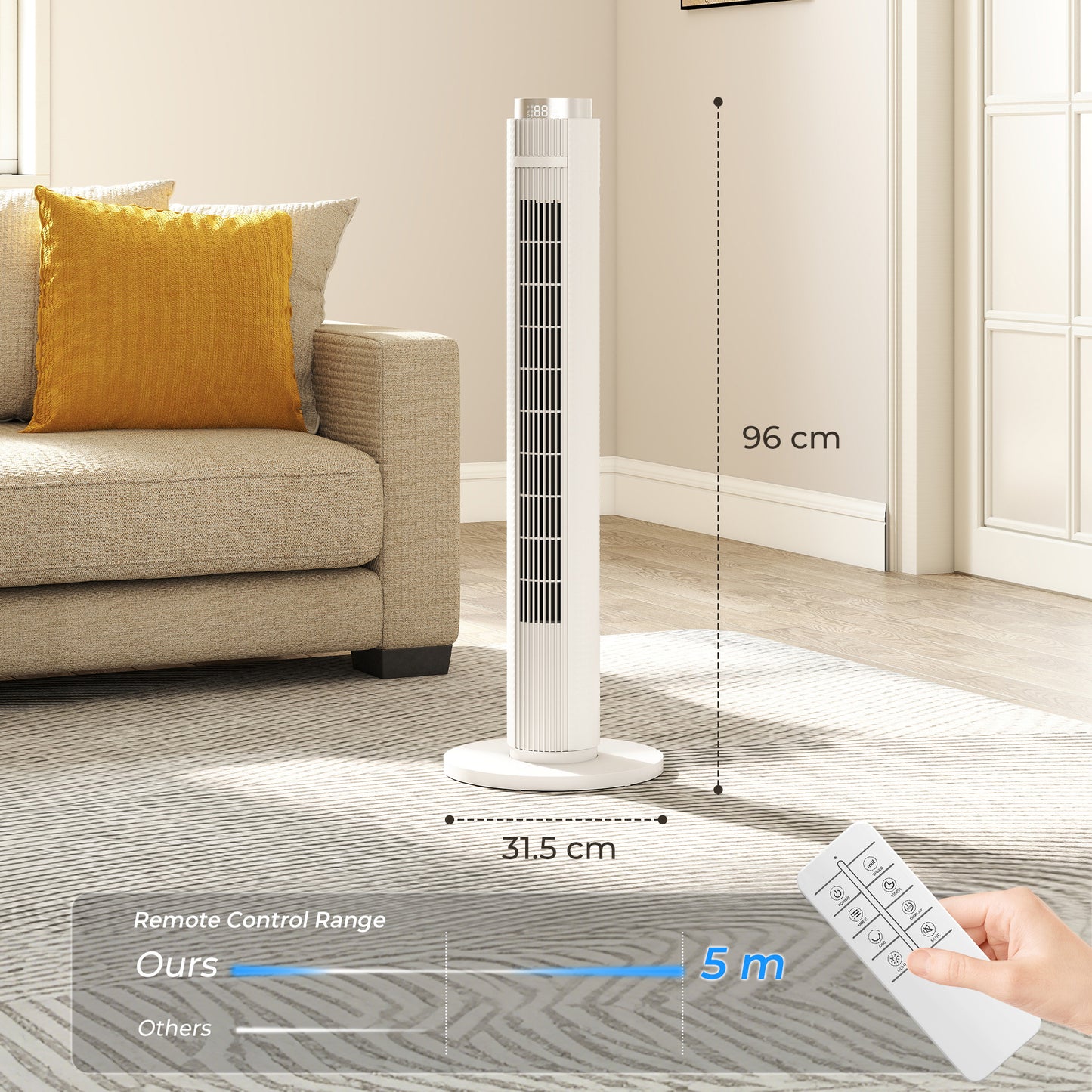 Homcom 96 Cm Tower Fan With Wifi App Control Quiet Standing Floor Fan 3 Speeds 4 Modes 12 Hour Timer Night Light White