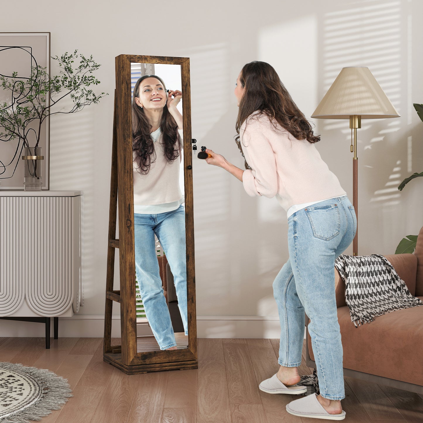 HOMCOM 360 Degree Swivel Jewellery Cabinet With Free Standing Full Length Makeup Mirror And Lockable Jewellery Organizer