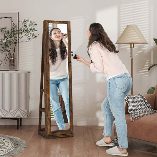 HOMCOM 360 Degree Swivel Jewellery Cabinet With Free Standing Full Length Makeup Mirror And Lockable Jewellery Organizer