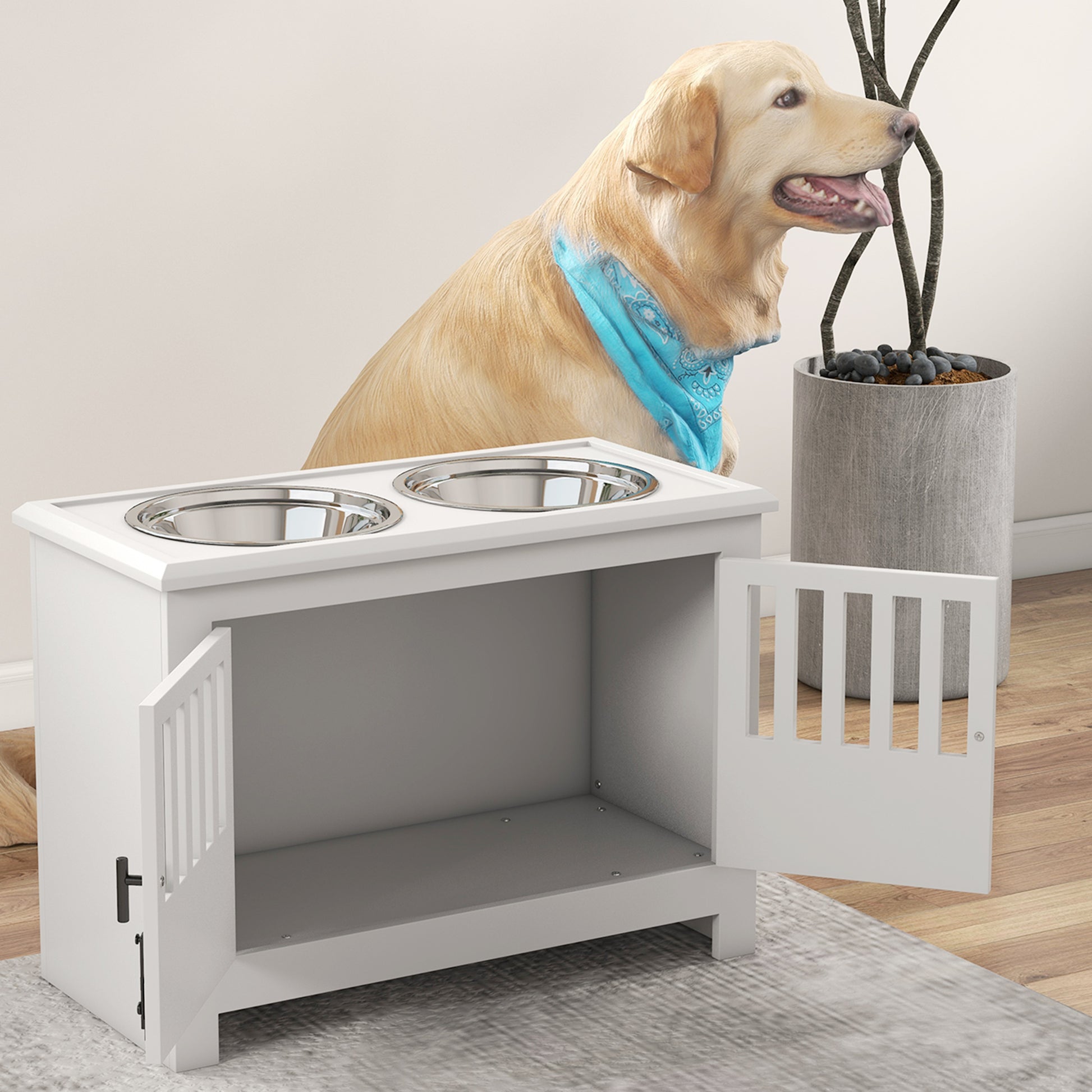 PawHut Elevated Pet Feeding Station with Storage for Large Dogs - Stylish White Design - ALL4U RETAILER LTD