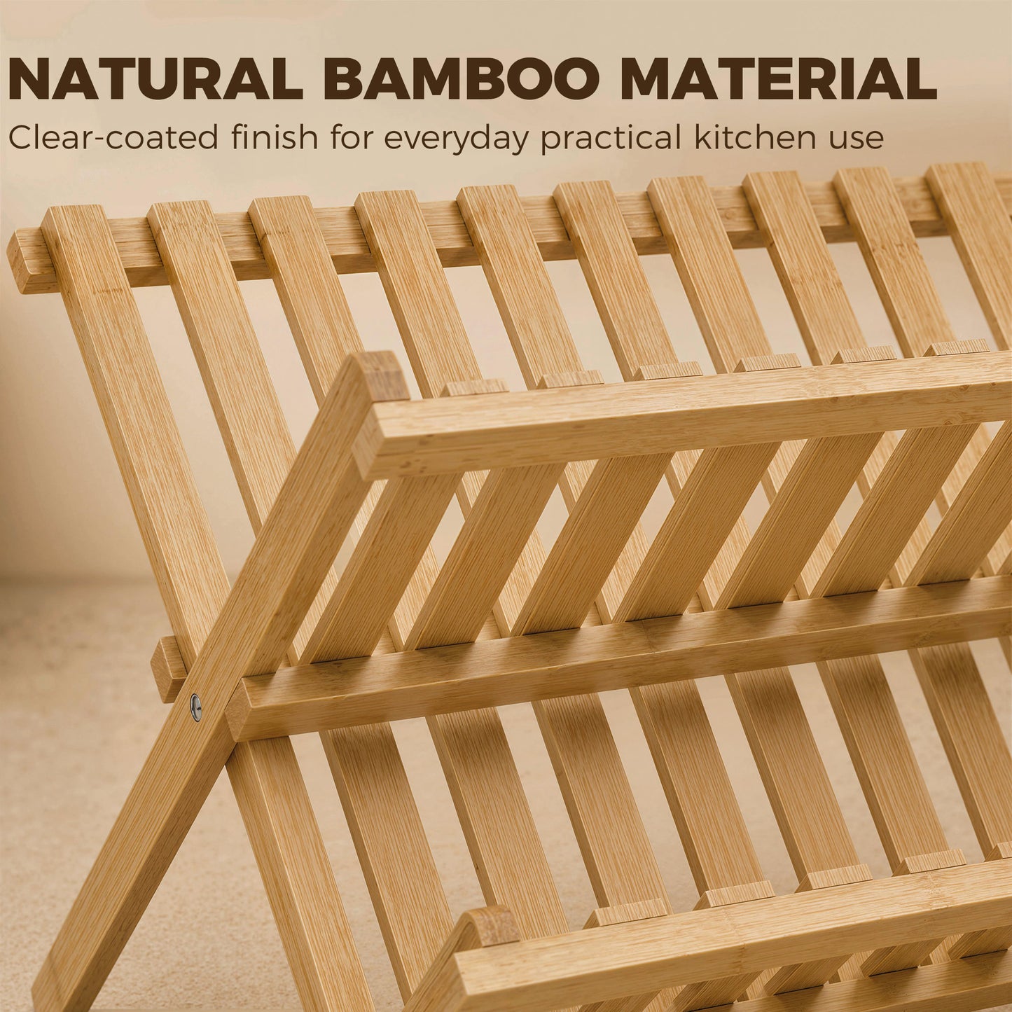 HOMCOM 2 Tier Foldable Bamboo Kitchen Storage Rack With Slatted Drying Shelves Natural Wood Finish