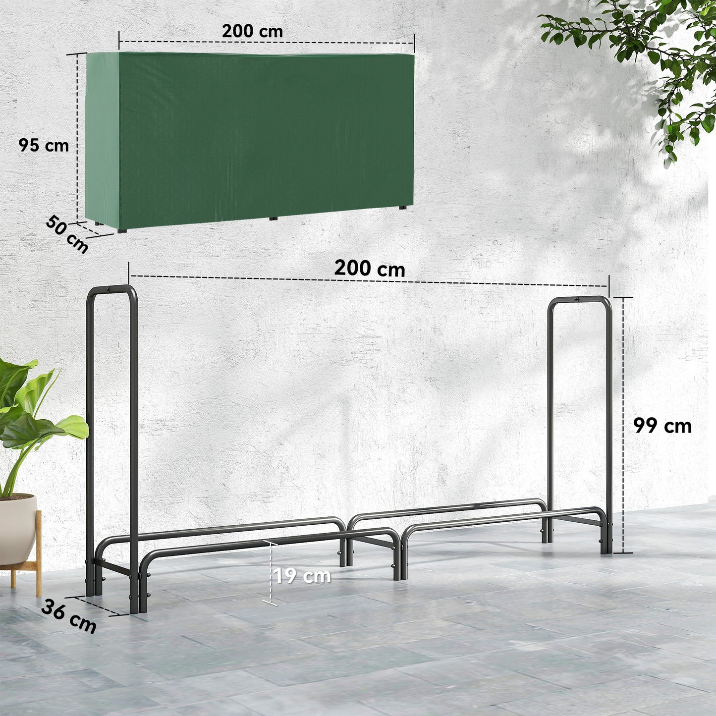 Outsunny Firewood Rack With Waterproof Cover Heavy Duty Metal Log Store For Indoor Outdoor 200 X 36 X 99 CM Dark Green