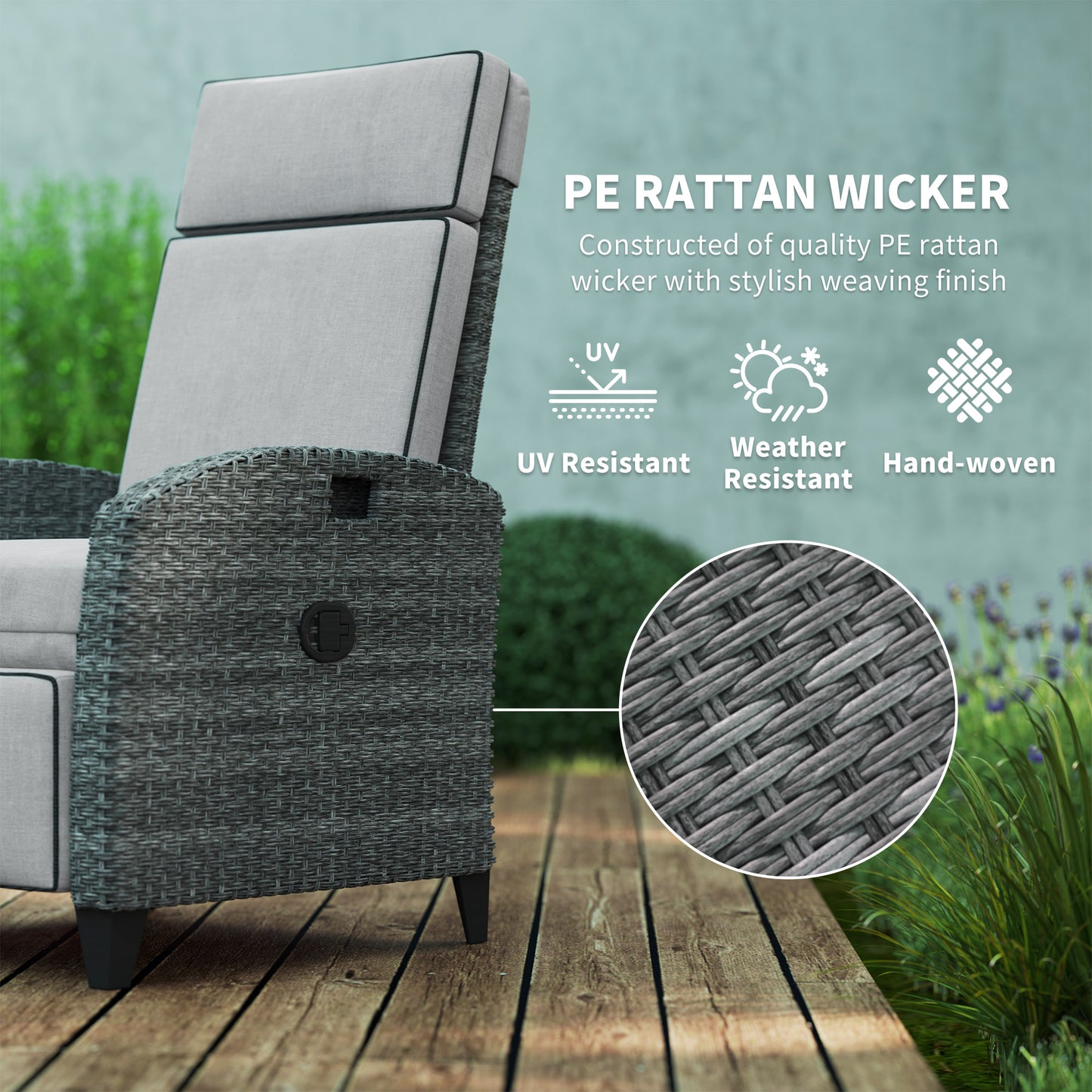 Outsunny Outdoor Recliner Chair With Adjustable Backrest And Footrest Cushion And Side Tray Light Grey