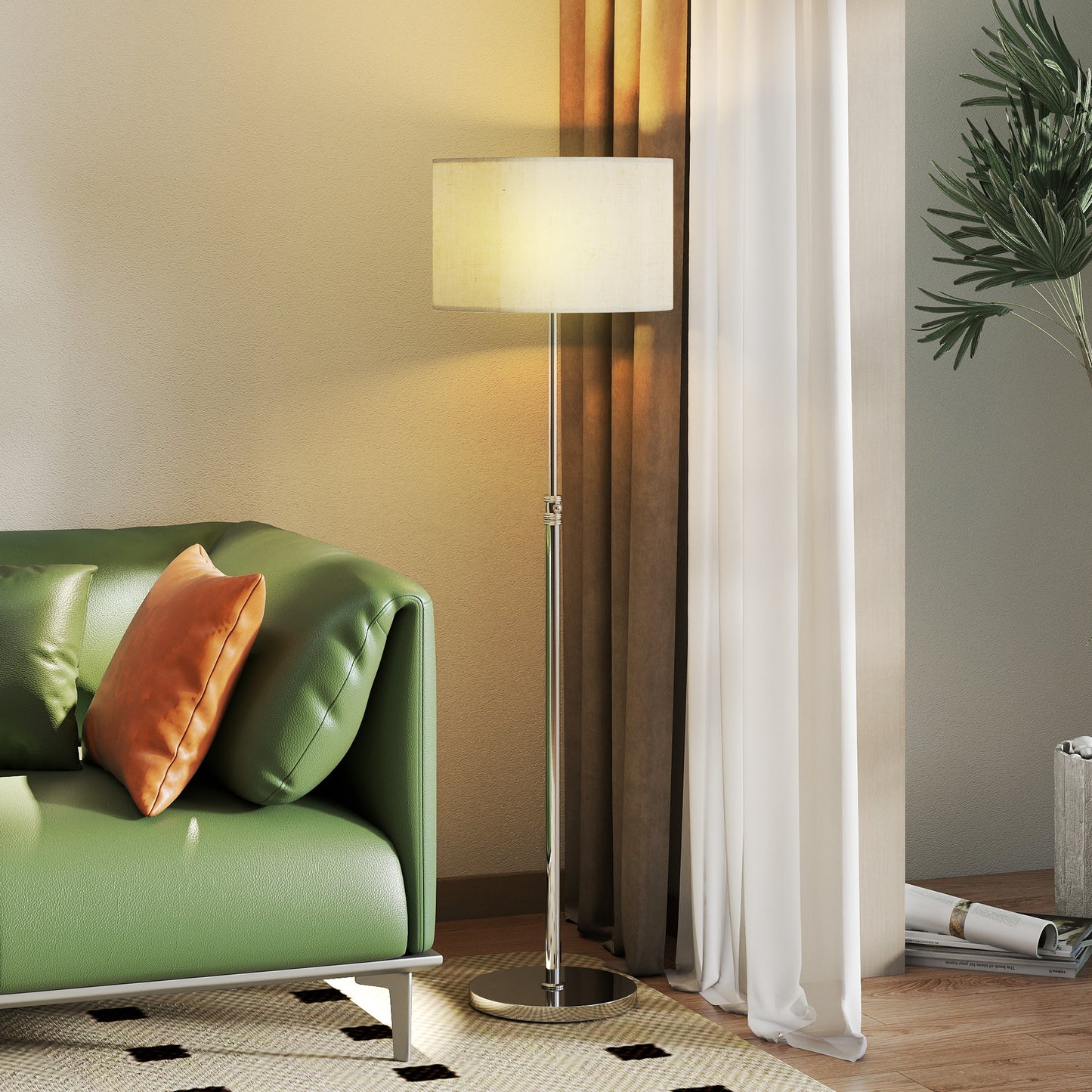 HOMCOM Floor Lamp With Remote Height Adjustable Linen Shade Dimmable 3000K 6000K Color Temperatures Foot Switch Silver