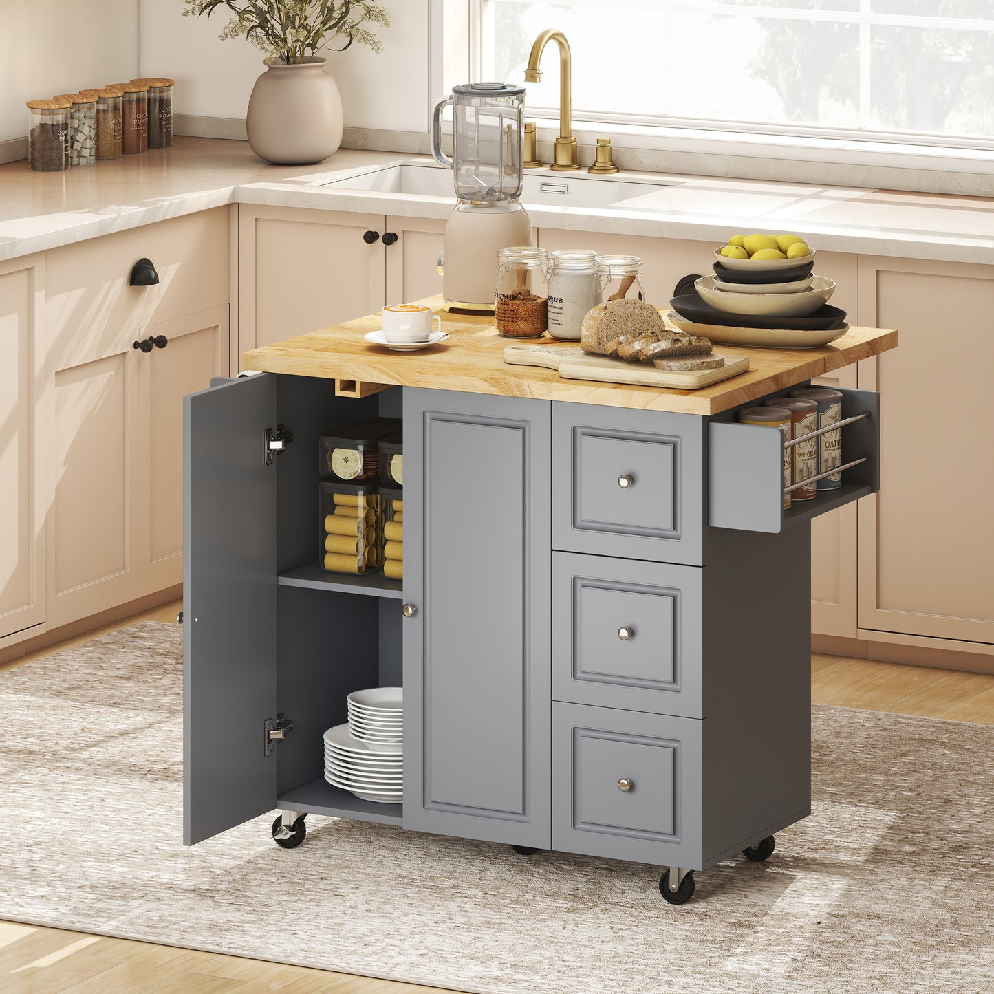 HOMCOM Kitchen Island On Wheels With Drop Leaf And Spice Rack Rolling Storage Trolley With Drawers Grey